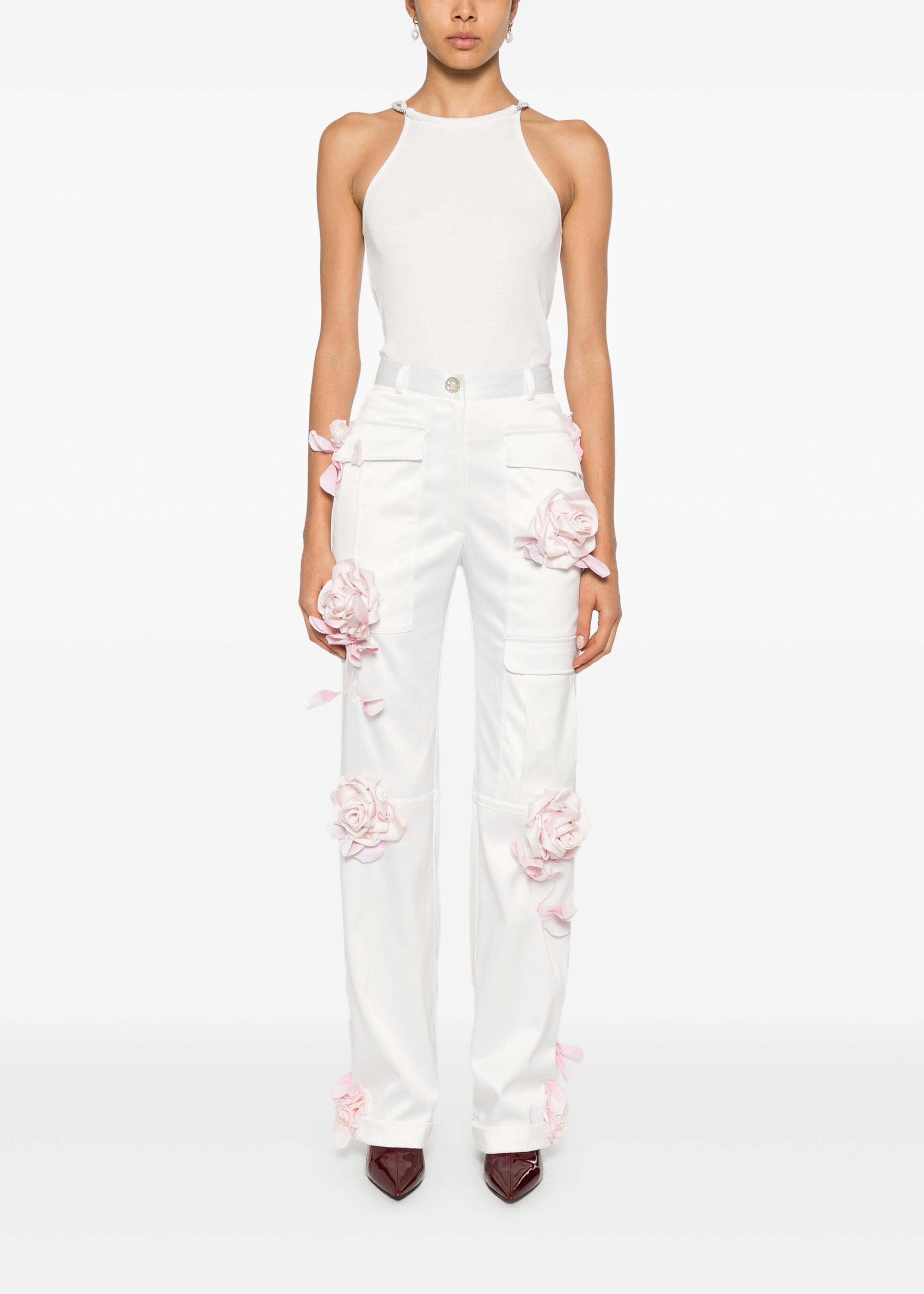 FLORAL APPLIQUÉ SILK PANTS