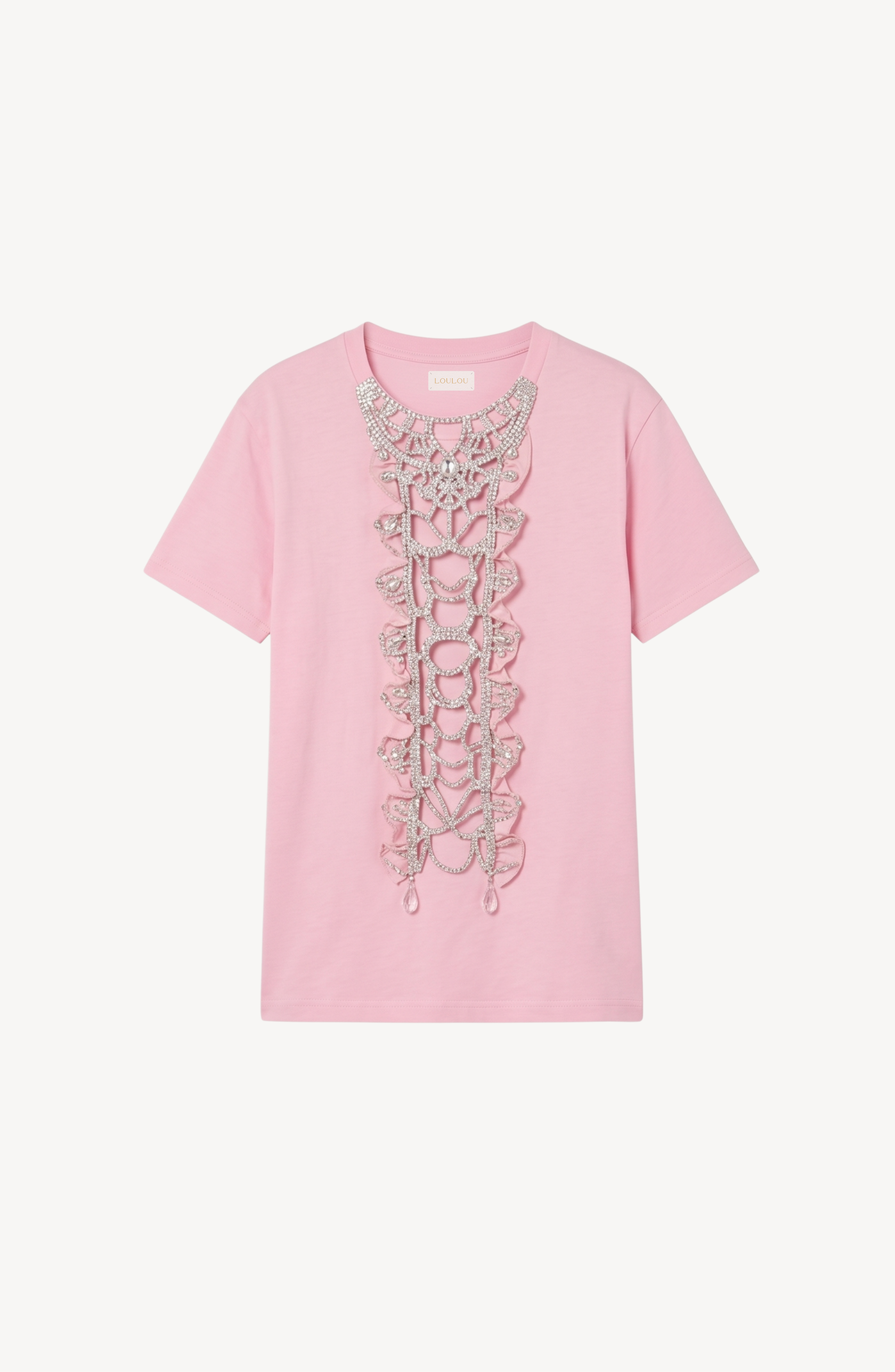 CRYSTAL EMBROIDERED T-SHIRT in Powder Pink — flat lay