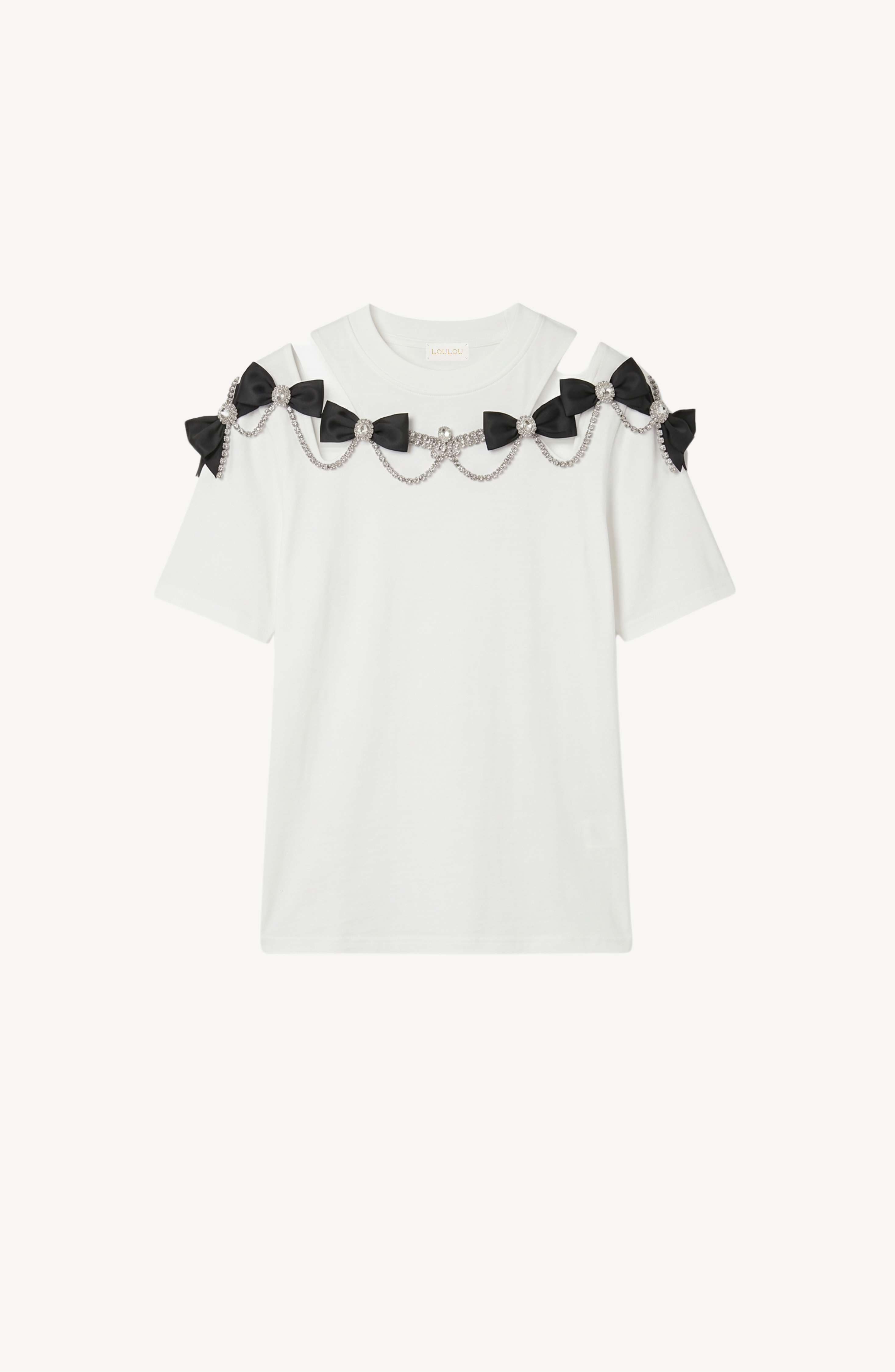 VELVET BOW CHAIN T-SHIRT in White — flat lay