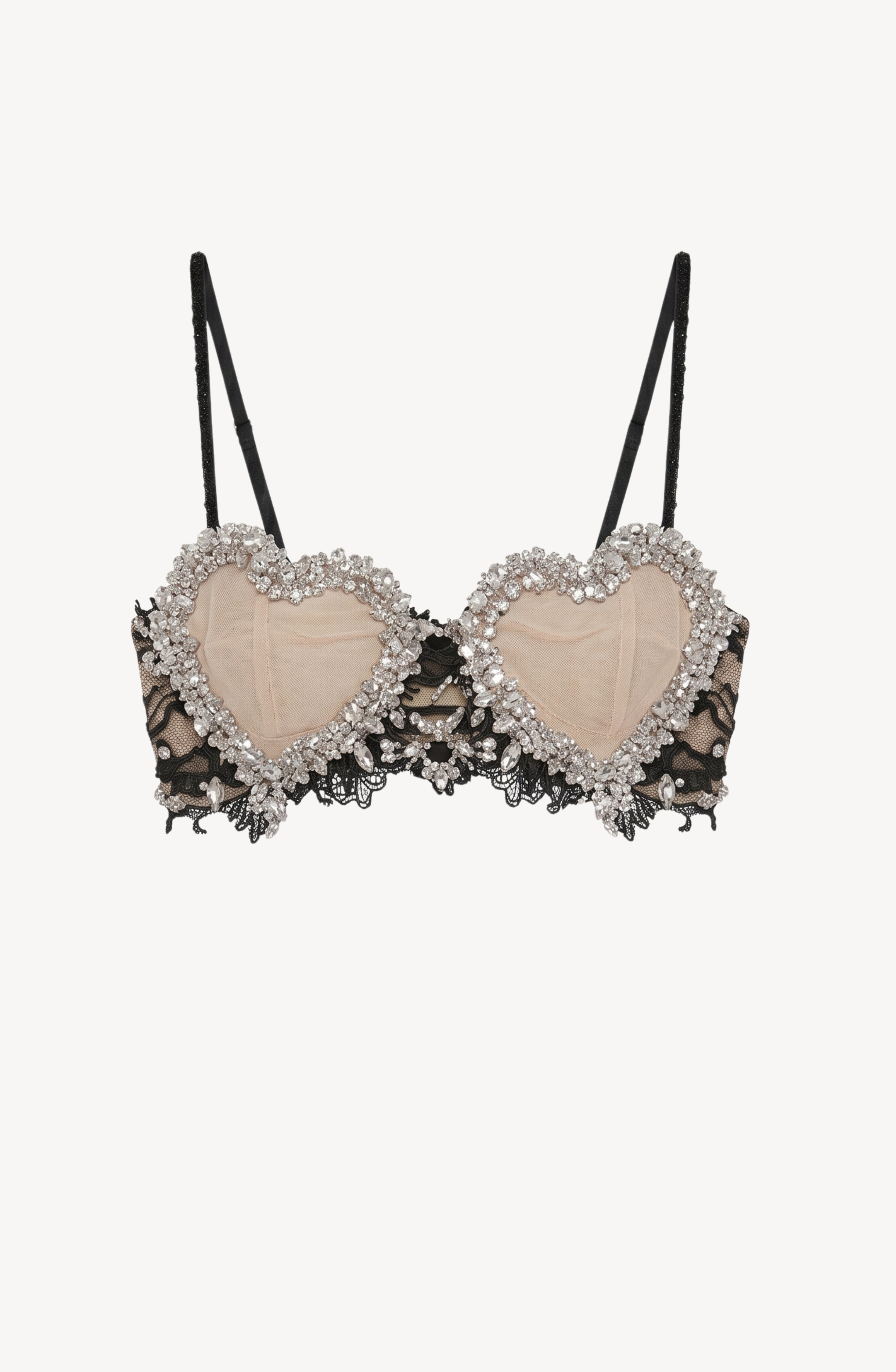 HEART CRYSTAL BRALETTE in Black — flat lay