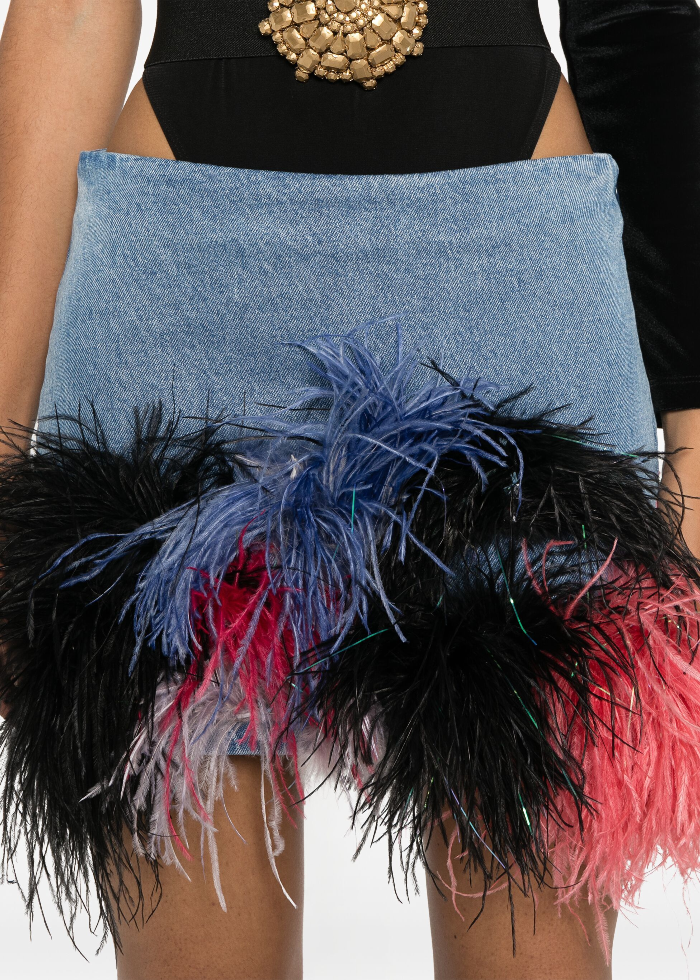 feather-trim denim mini skirt