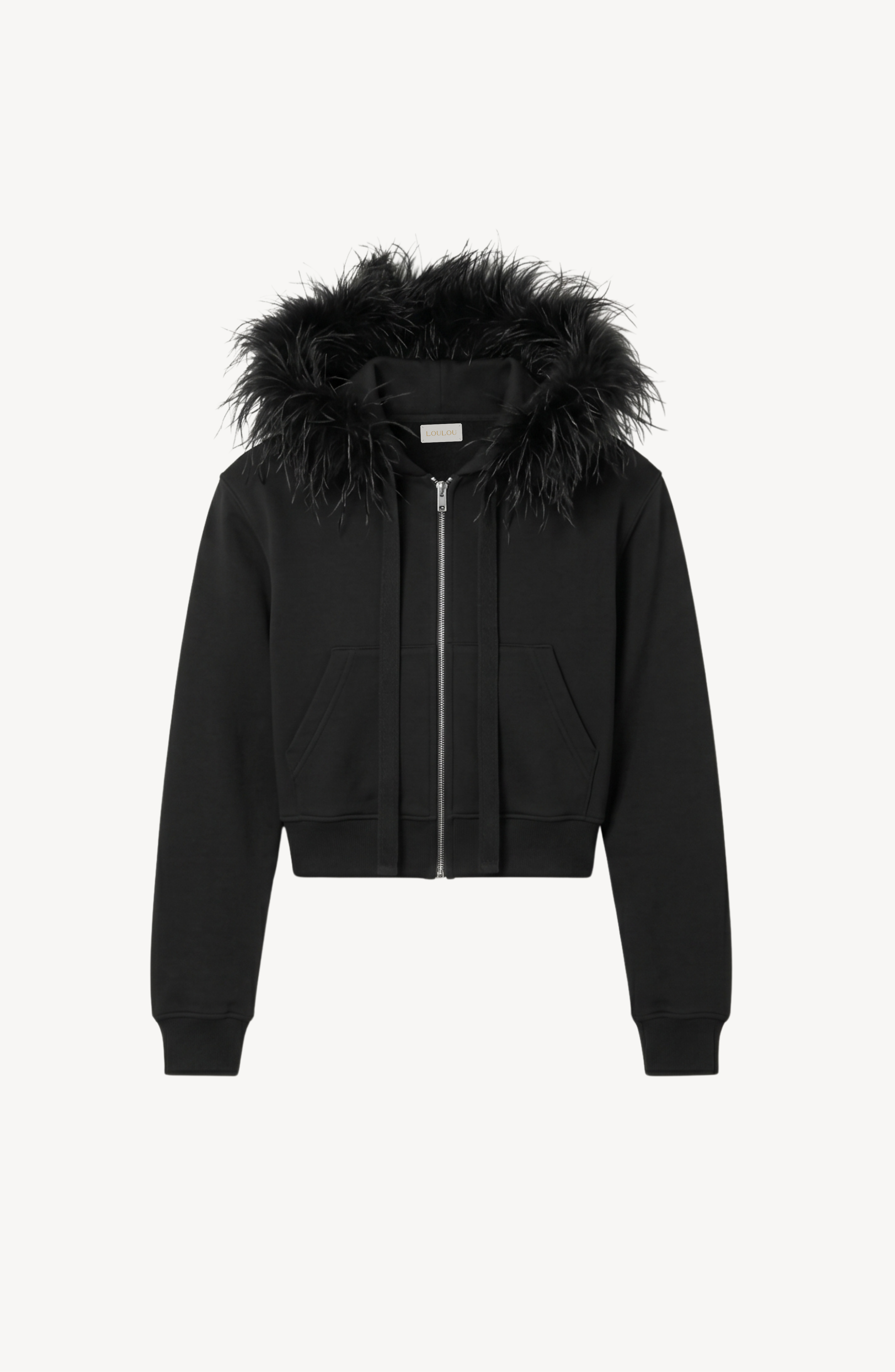 FUR-HOOD TRACK JACKET in Black — flat lay