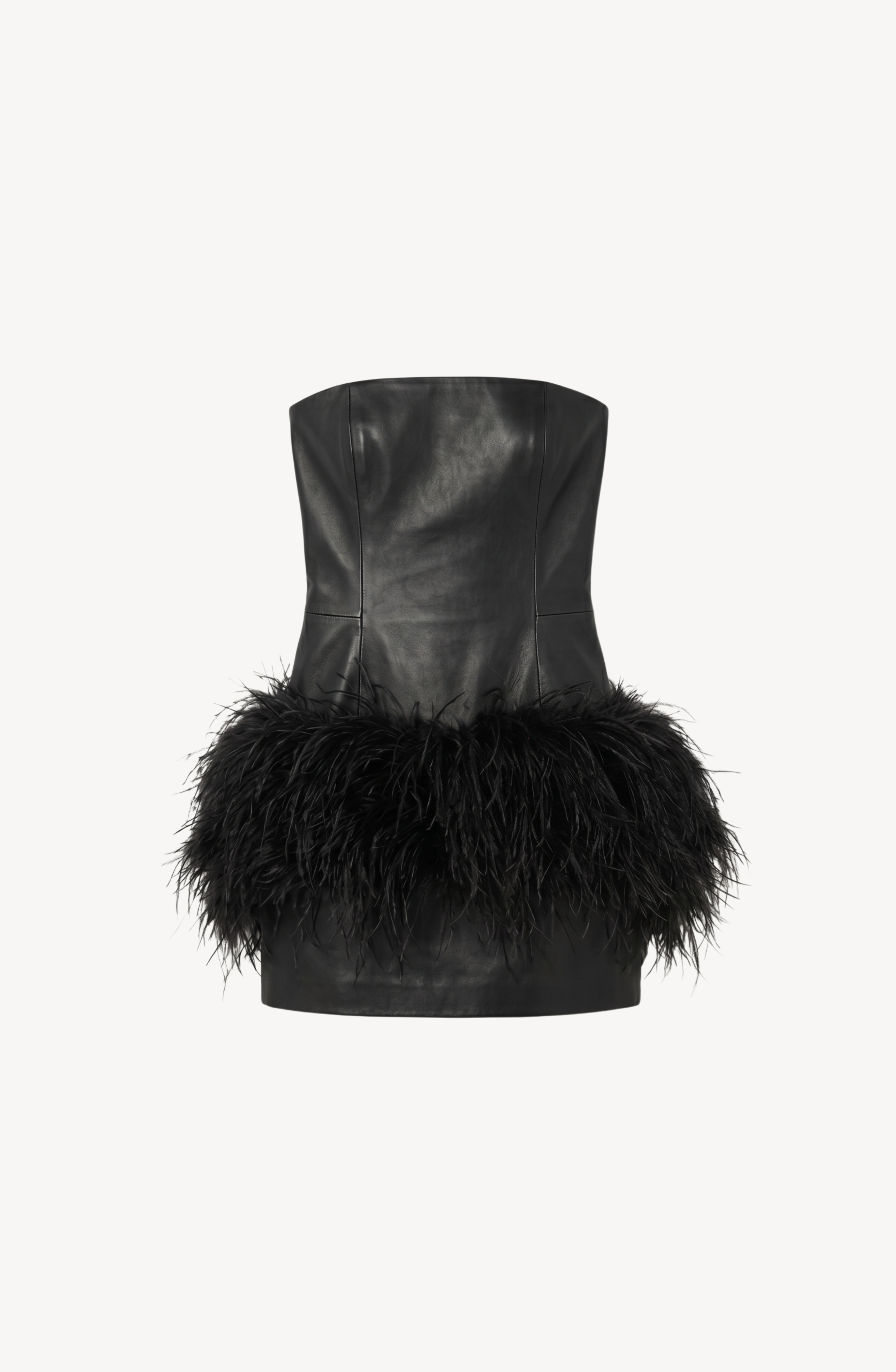 LEATHER FEATHER BUSTIER MINI DRESS in Black — flat lay