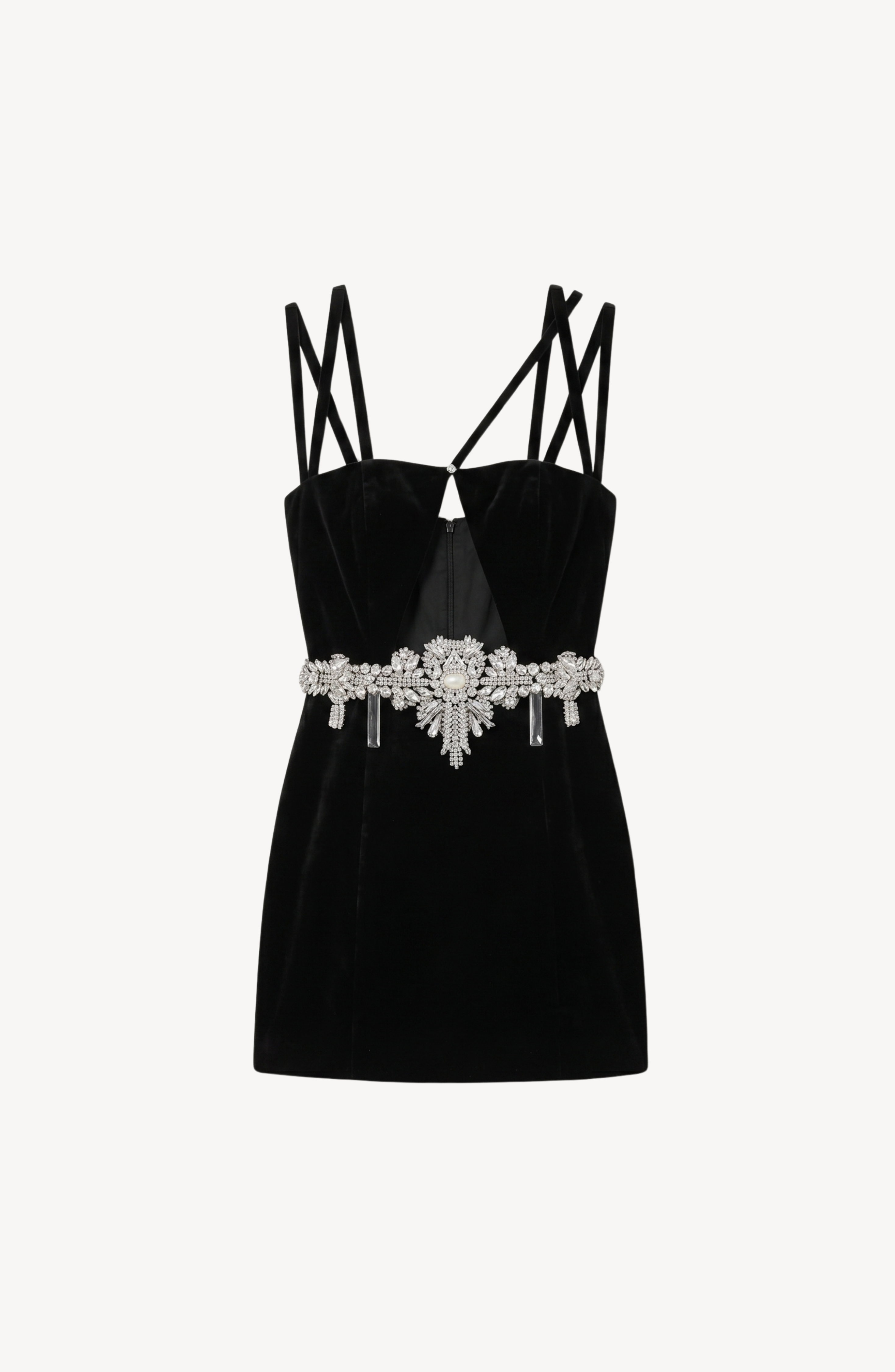 VELVET PEARL CORSET MINI DRESS in Black — flat lay