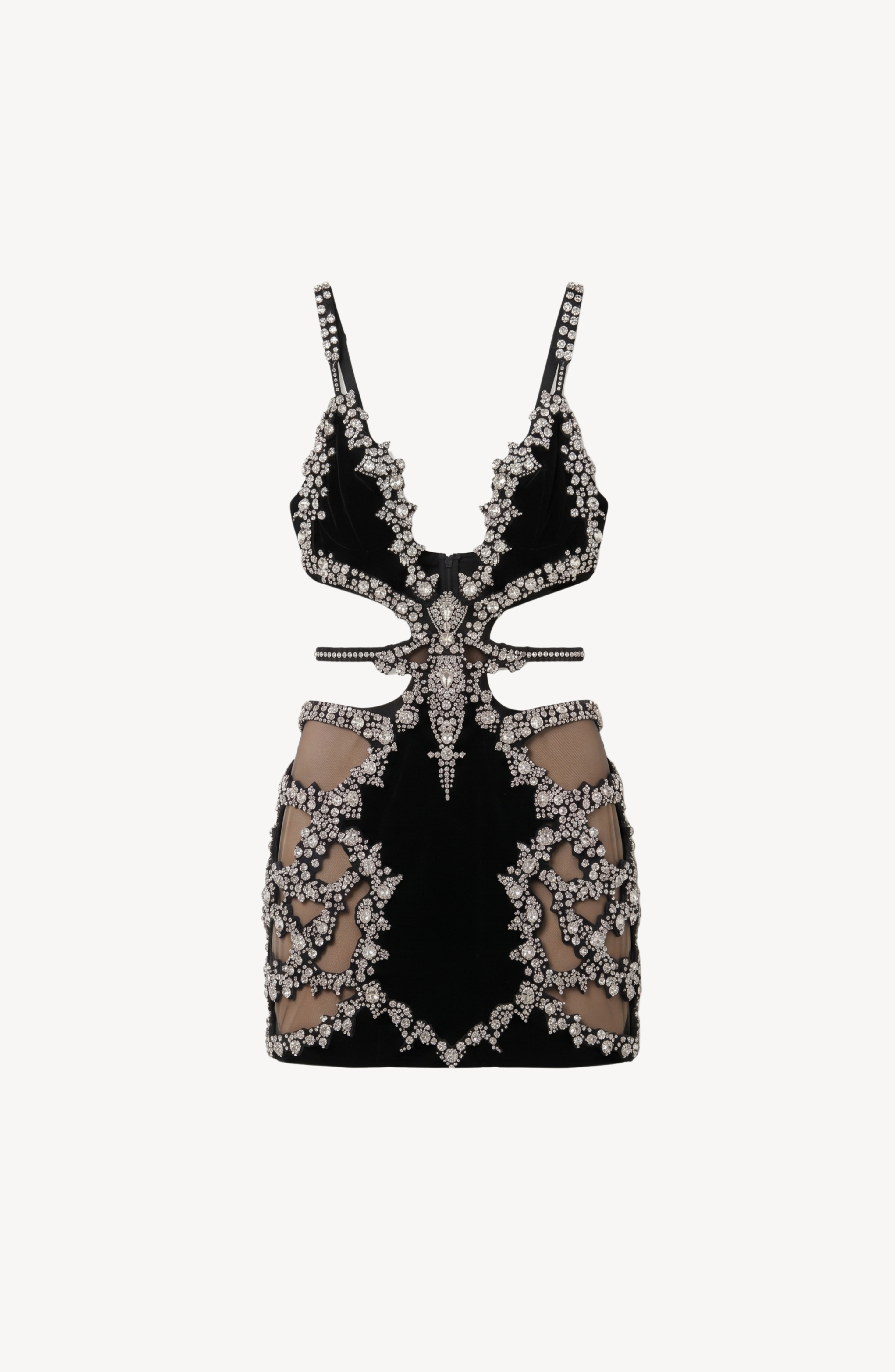 CRYSTAL ARMOR CUTOUT MINI DRESS in Black — flat lay
