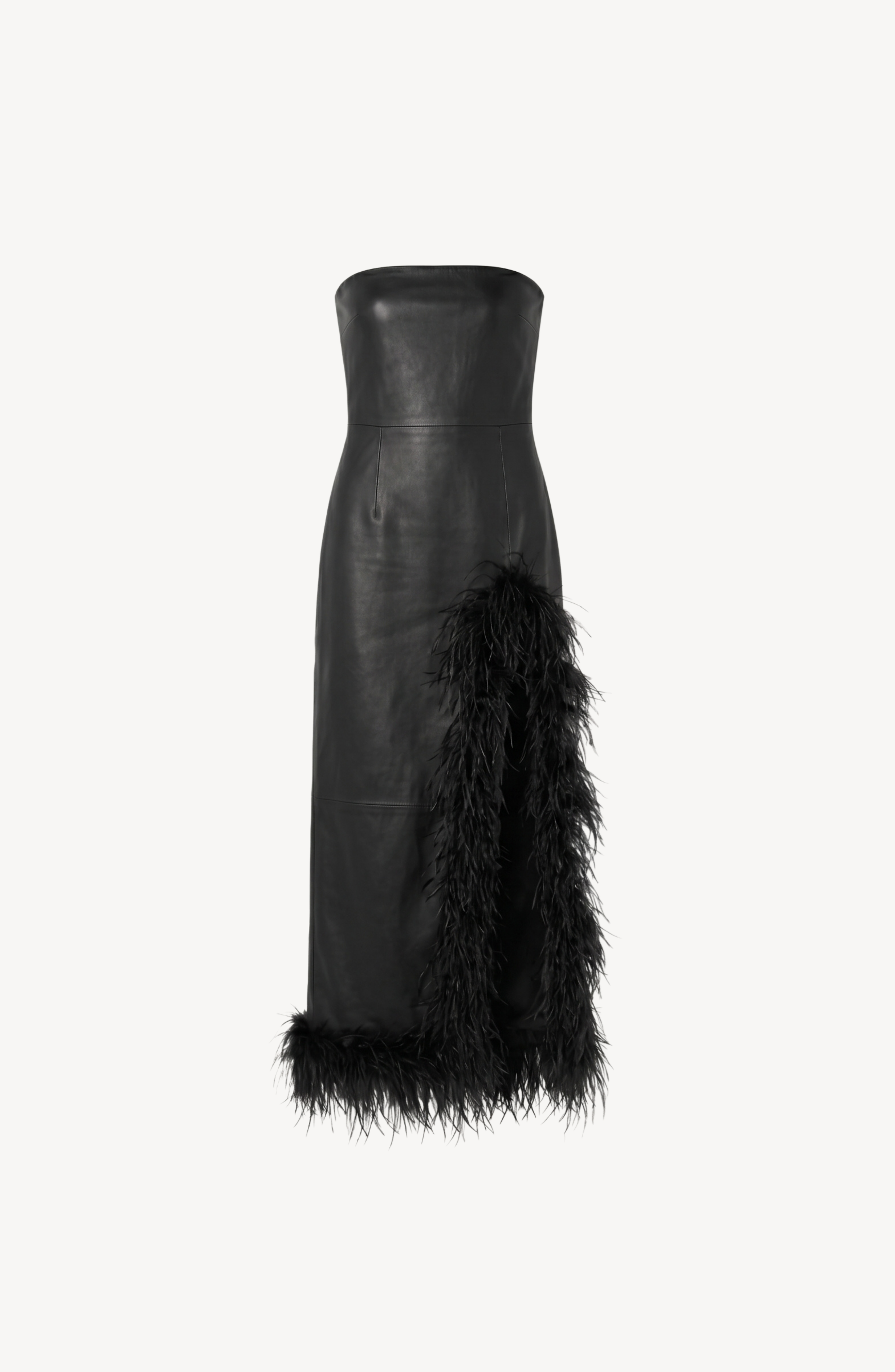 LEATHER FEATHER MAXI GOWN in Black — flat lay