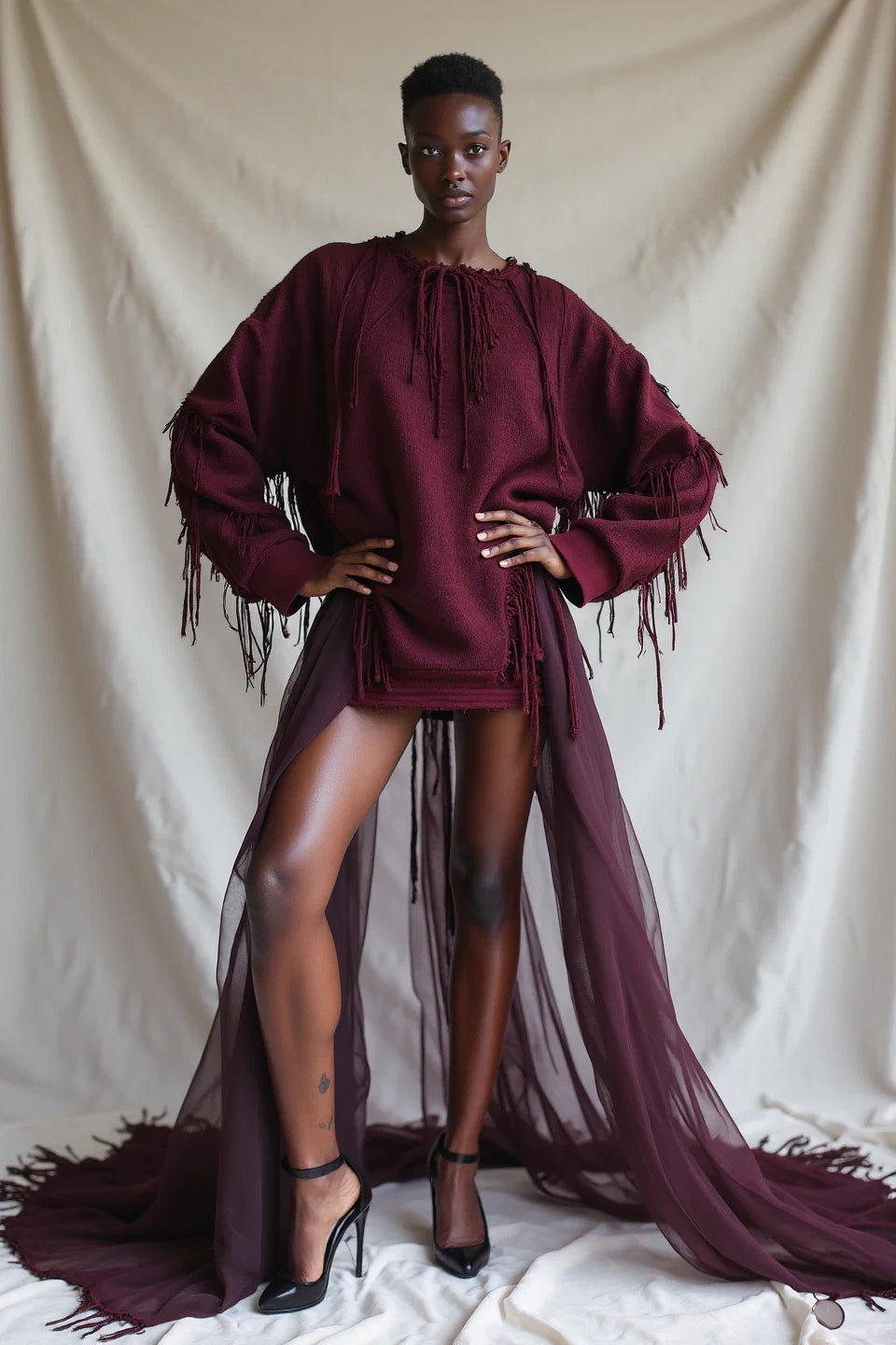 Burgundy Fringe Sweatshirt Dress with Silk Chiffon Train