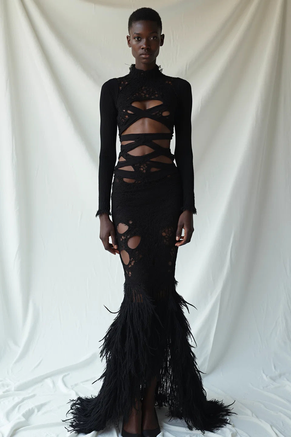 Cutout Feather Hem Black Maxi Dress
