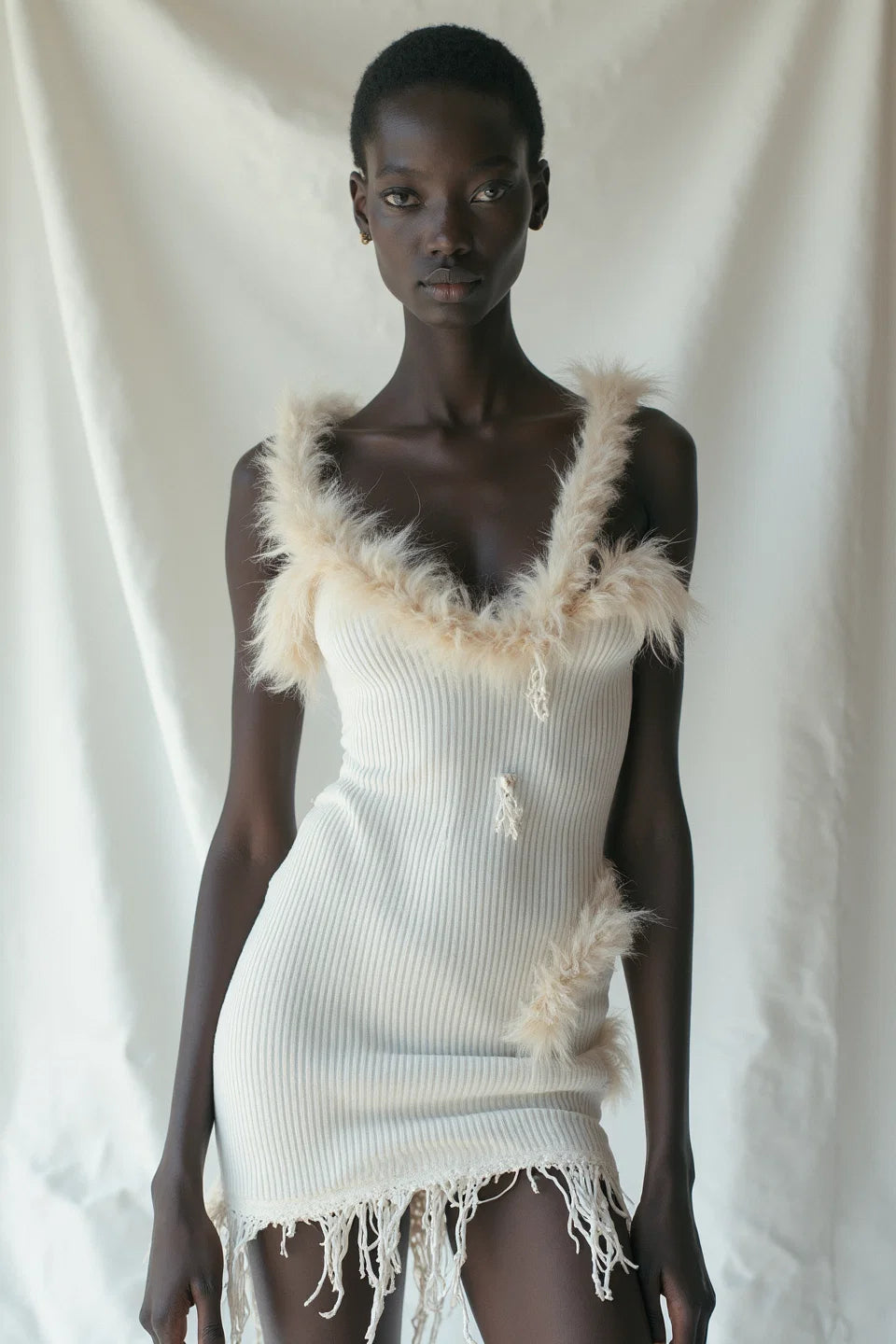 Faux Fur Trim Ribbed Mini Dress