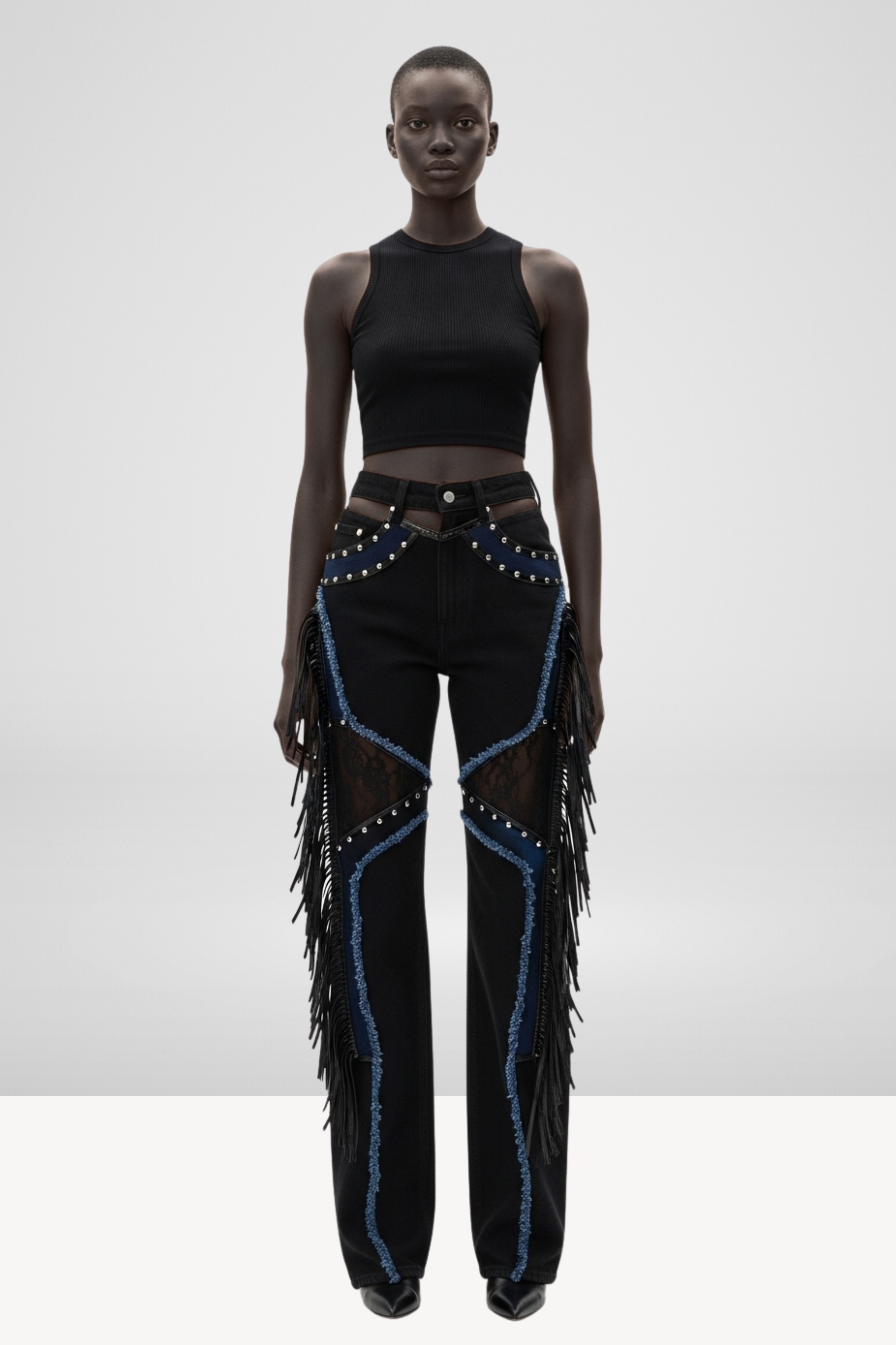 DENIM AND LACE FRINGE TROUSERS