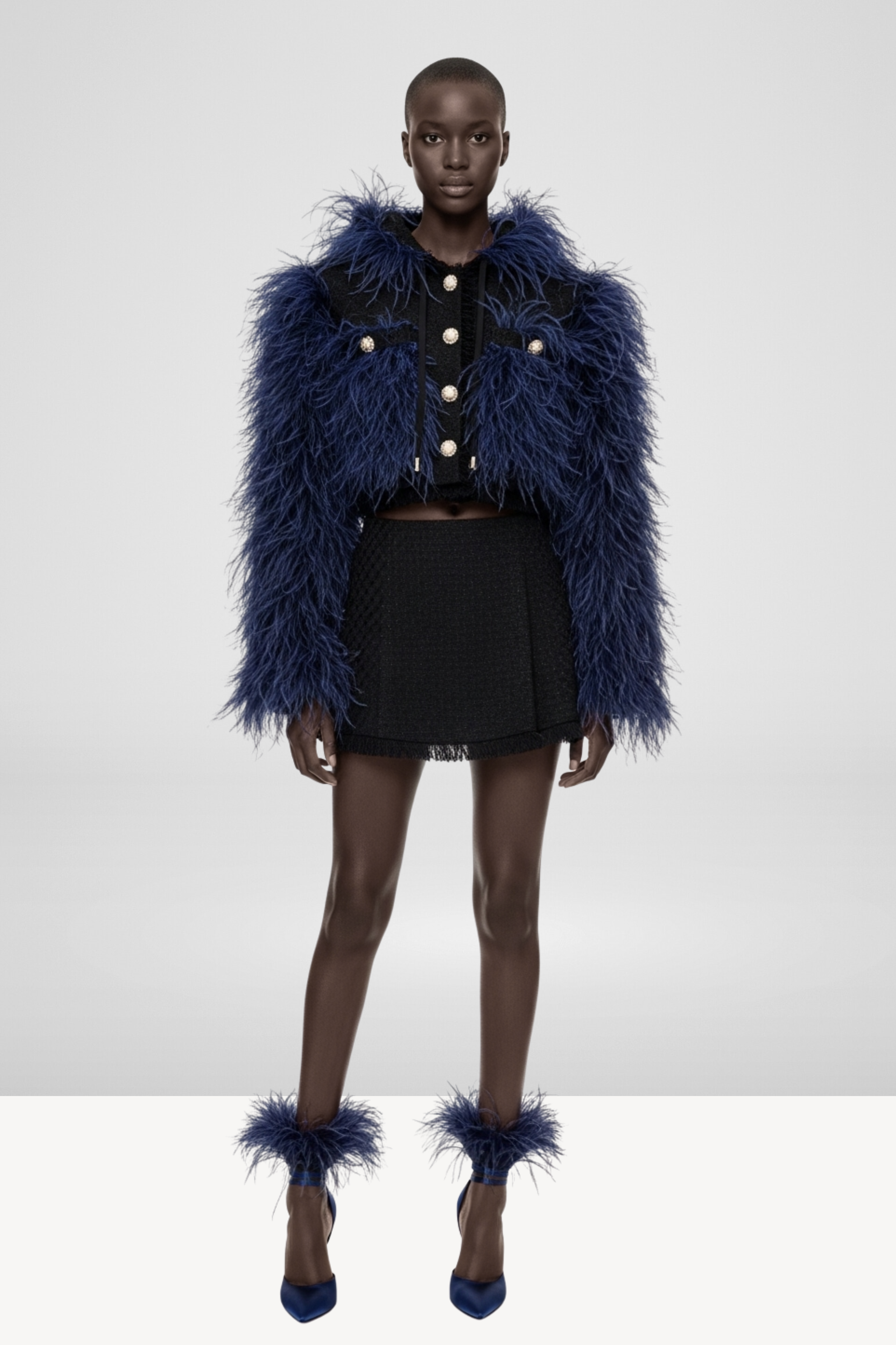 FEATHER-TRIM CROPPED JACKET AND SKIRT SET