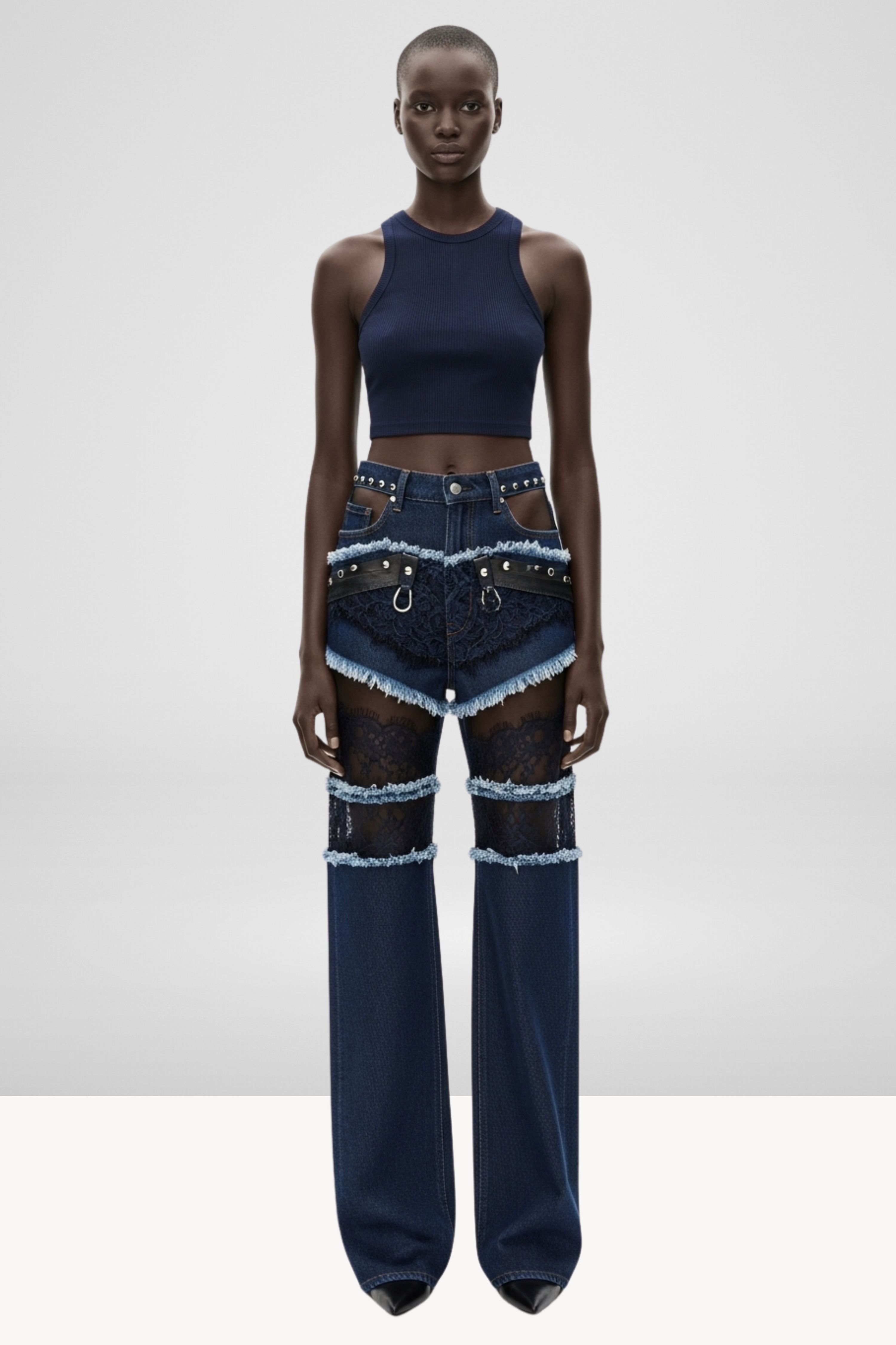DENIM SHORTS AND LACE-PANEL JEANS