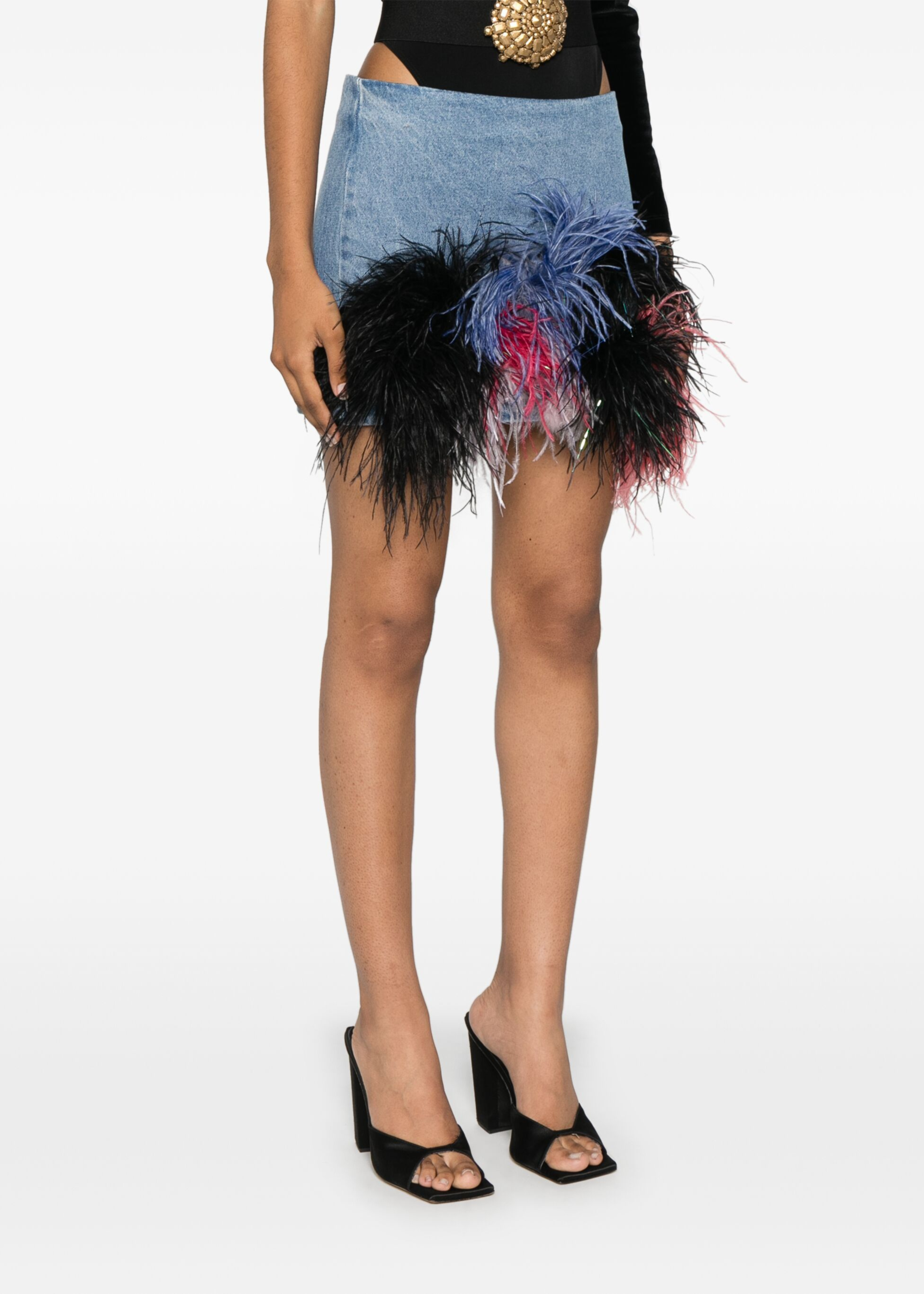 feather-trim denim mini skirt