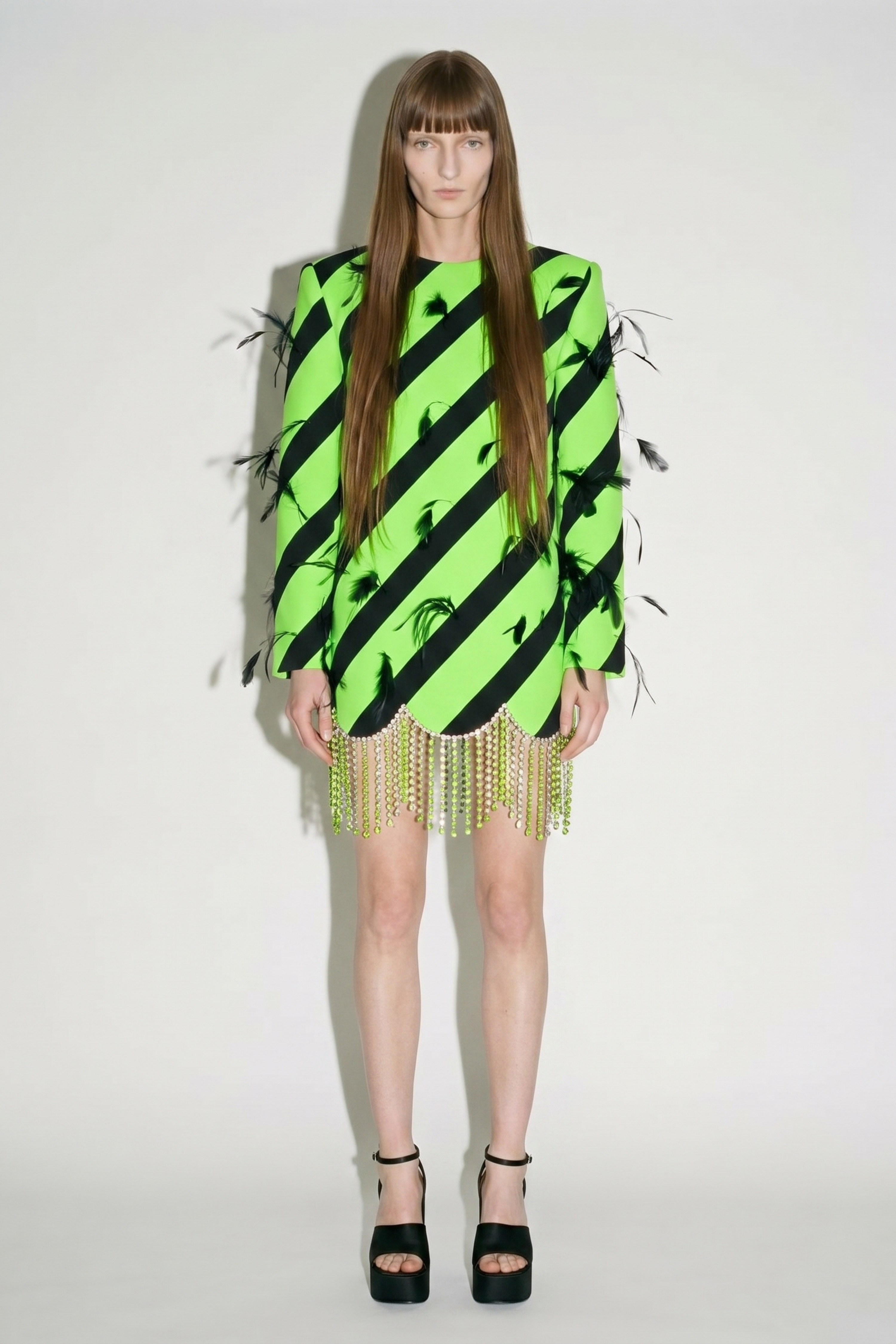 Lime Striped Feather Crystal Mini Dress