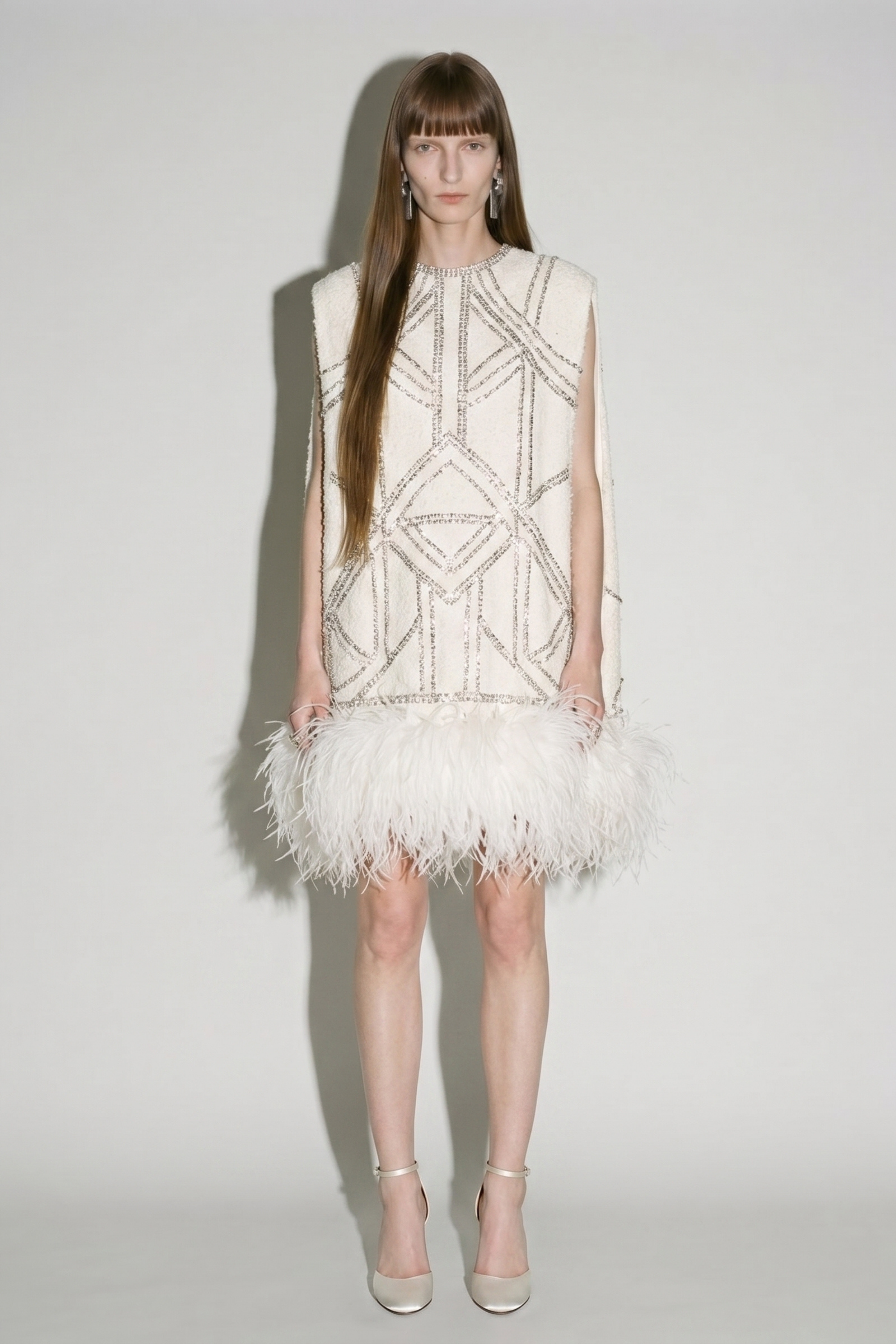 Ivory Crystal Feather Cape Mini Dress