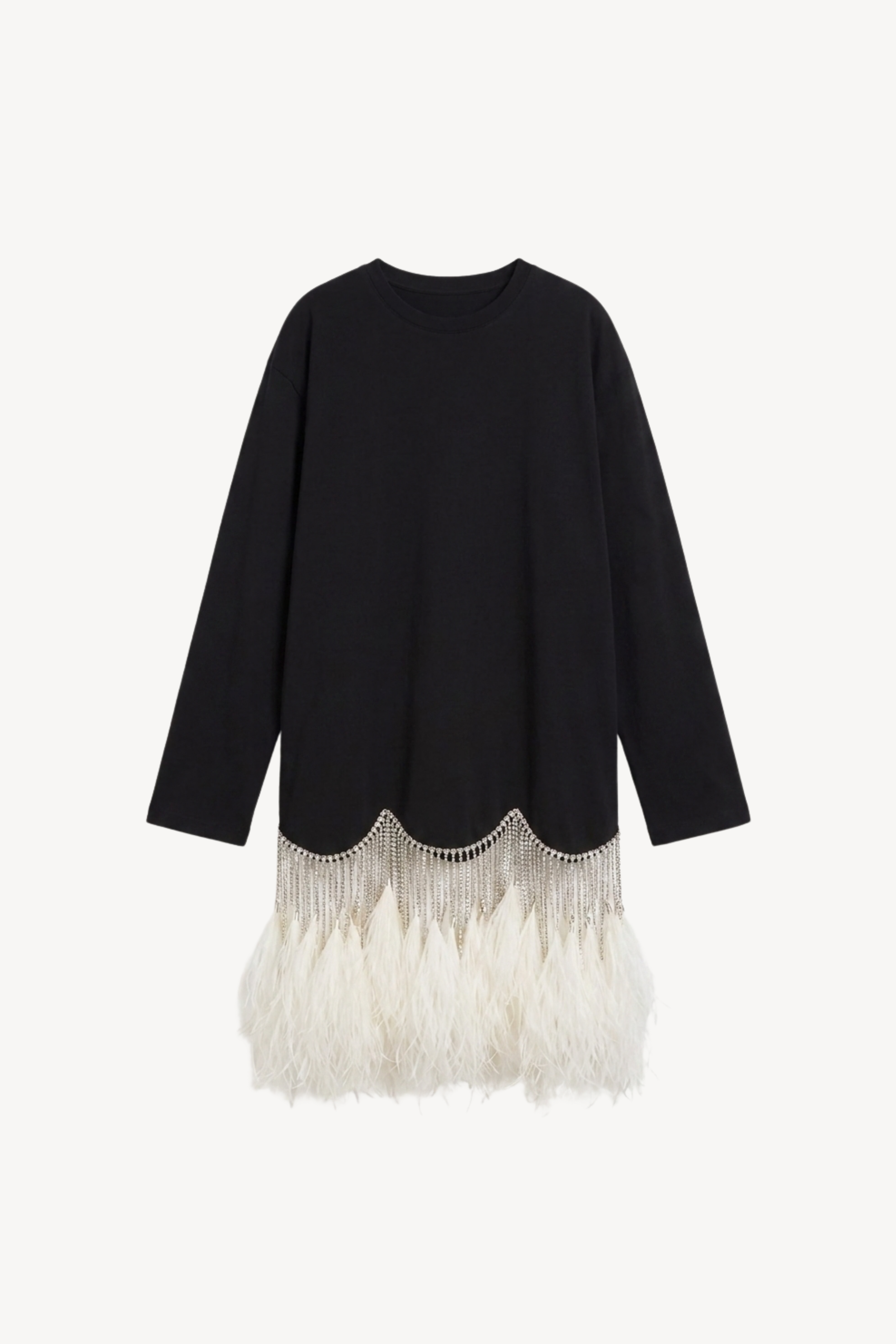 Black Crystal Feather Long Sleeve Mini Dress