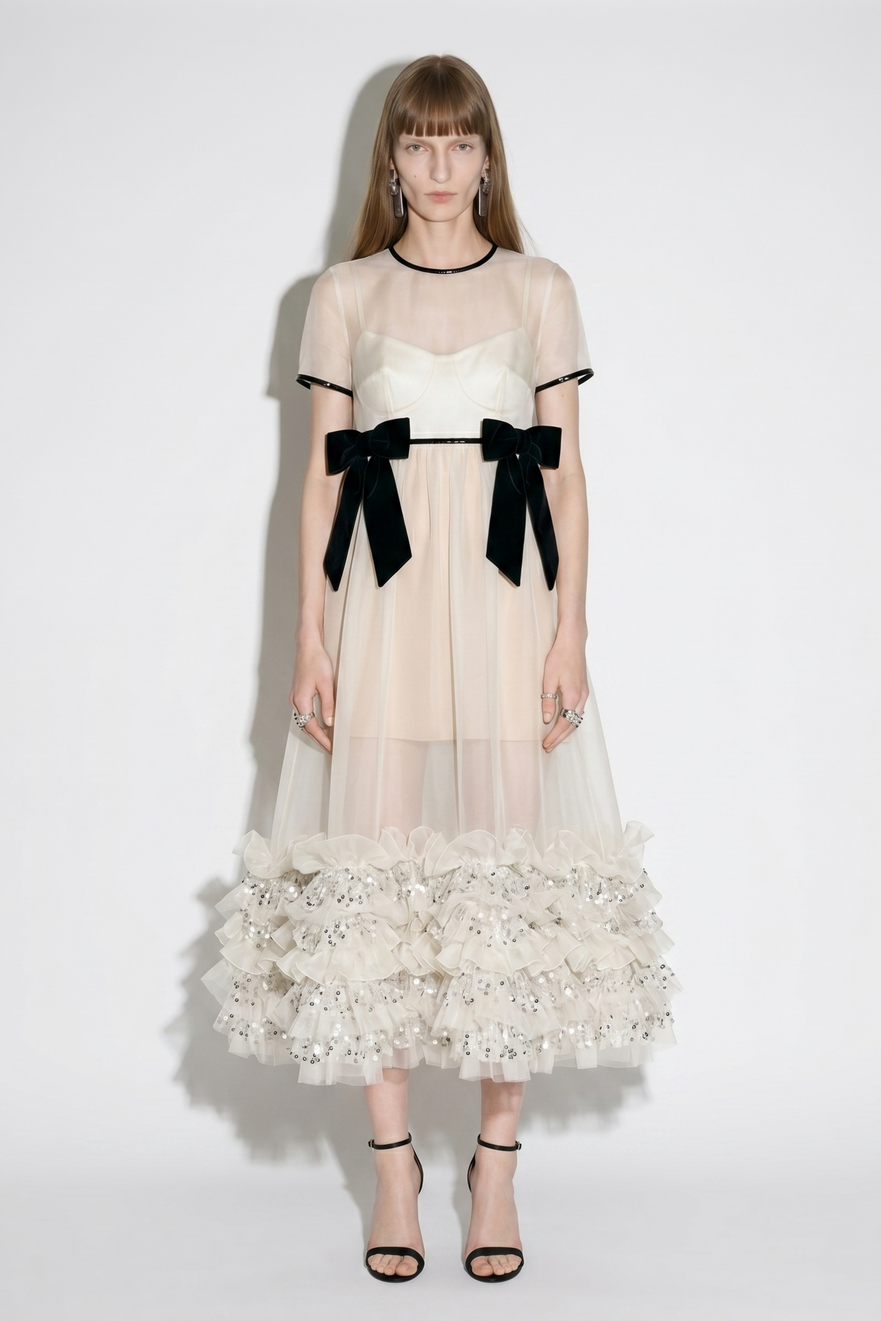 Ivory Tulle Black Bow Ruffle Maxi Dress