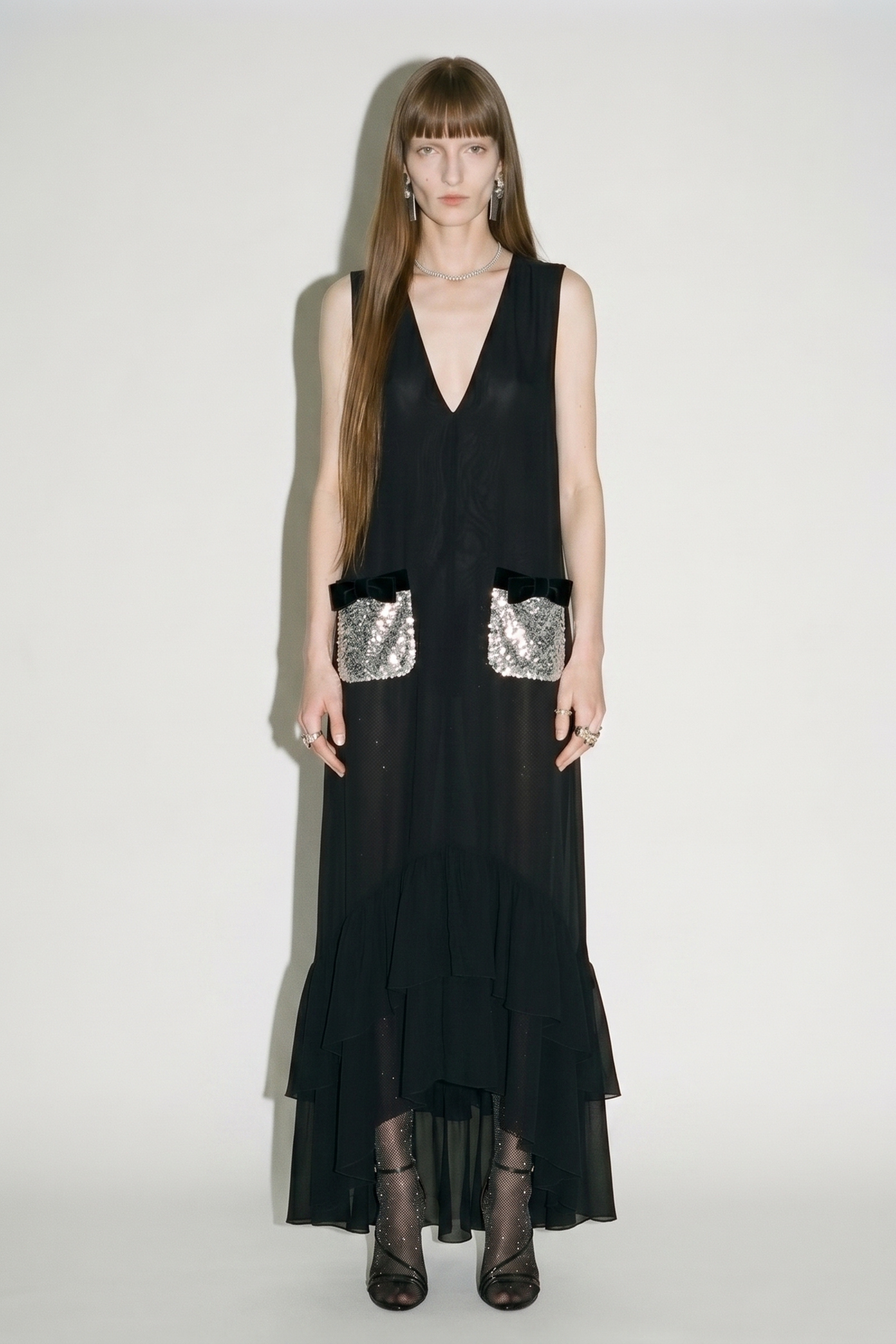 Black Sequin Pocket Ruffle Maxi Dress