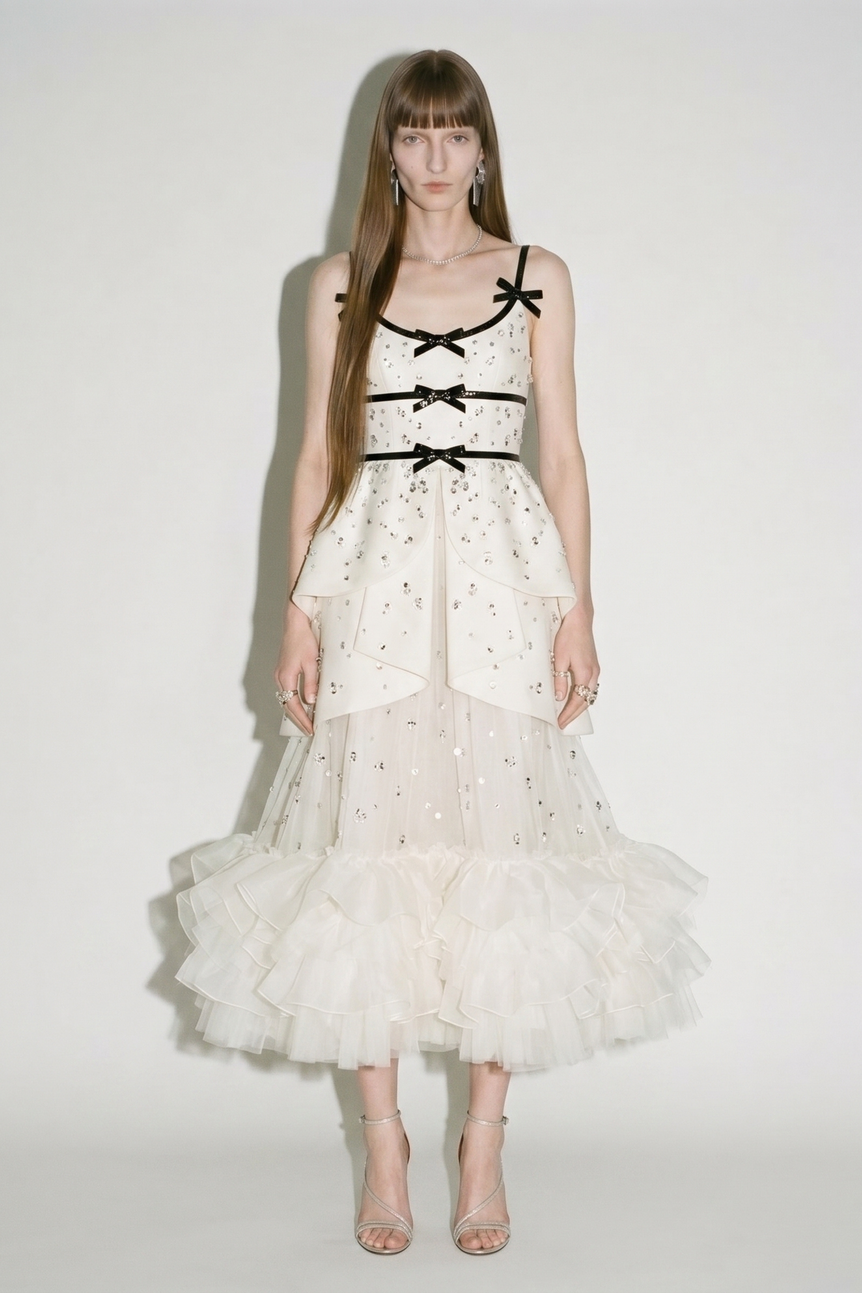 Ivory Black Bow Crystal Ruffle Maxi Dress