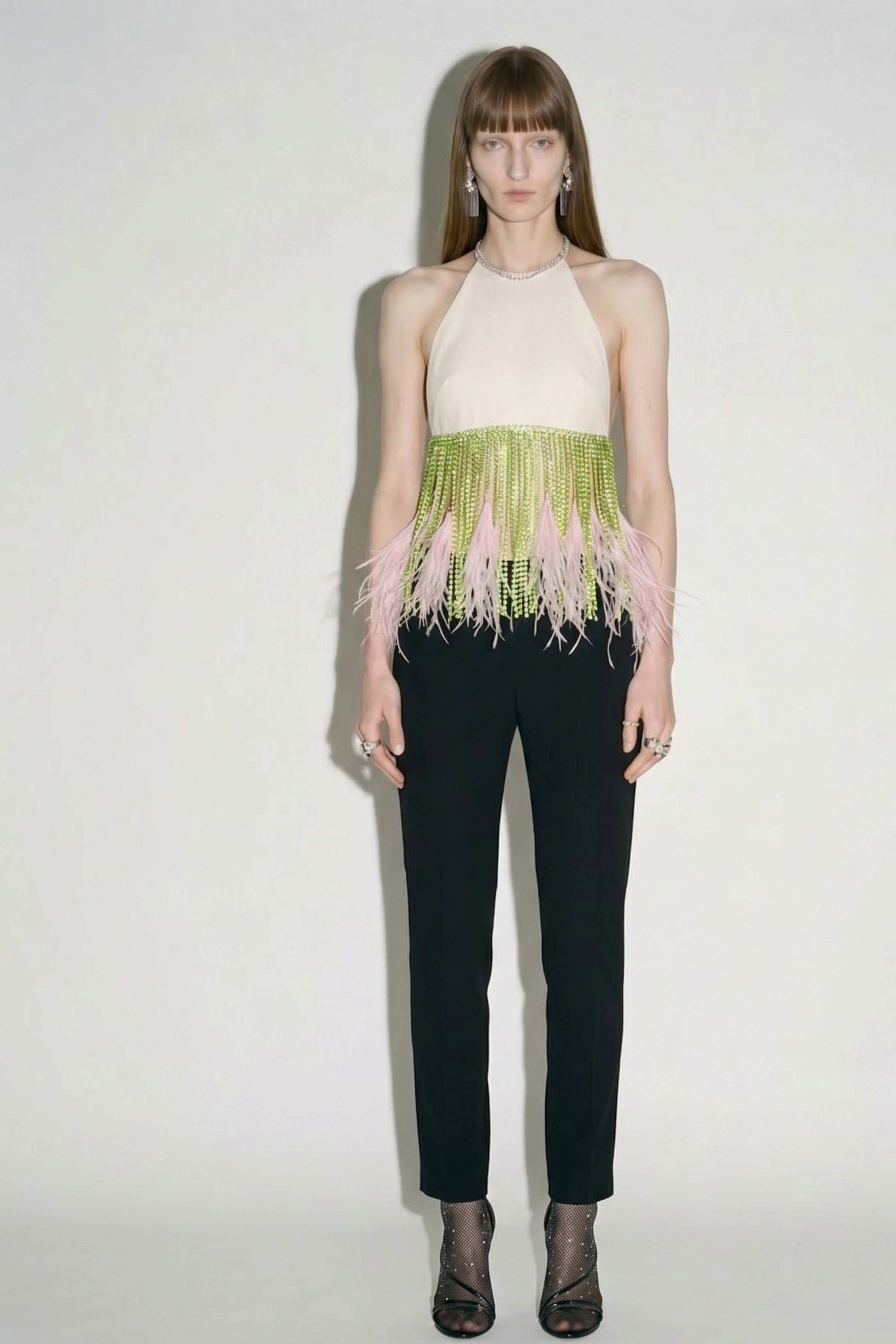 Ivory Lime Crystal Pink Feather Halter Top