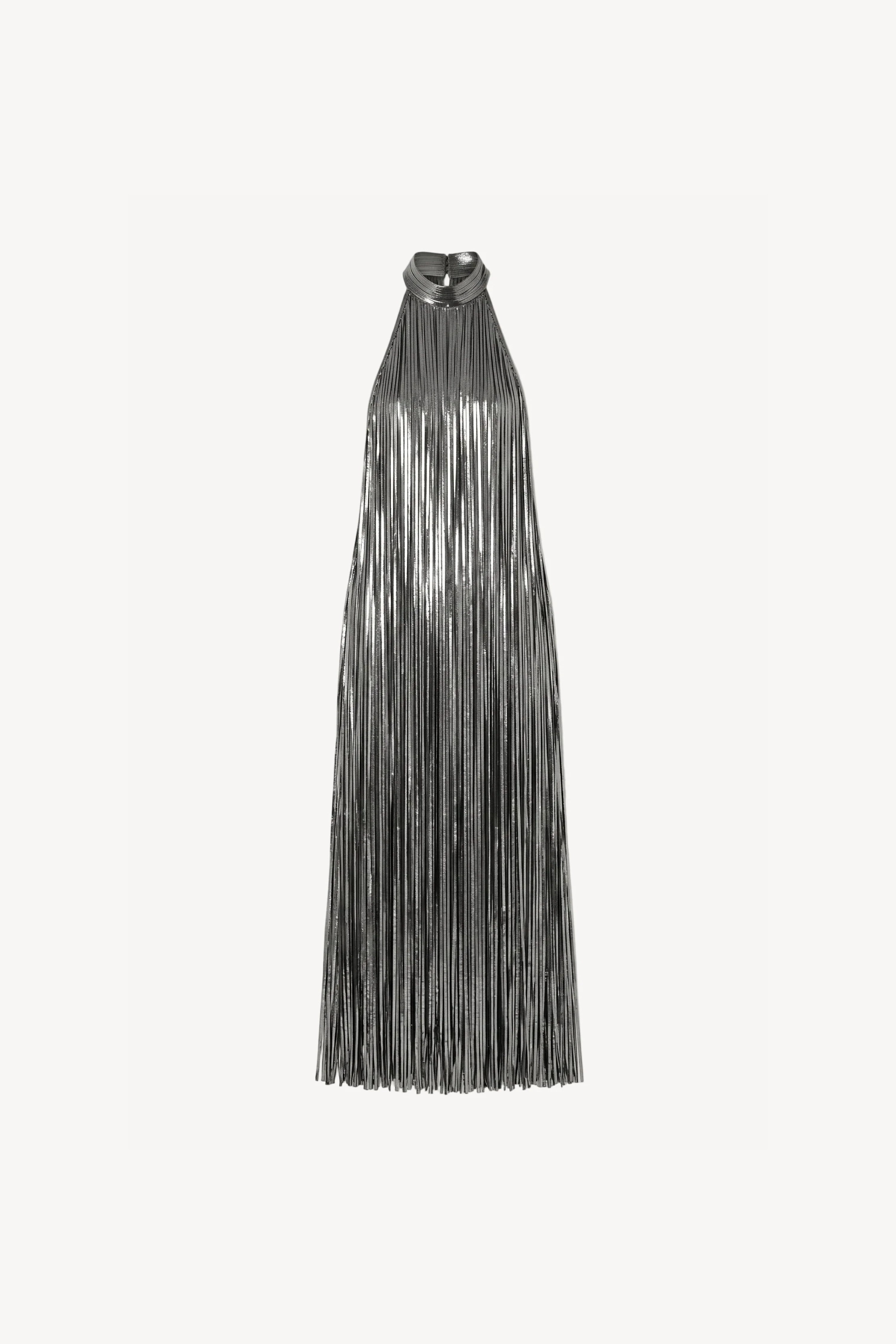 Silver Liquid Fringe Maxi Dress
