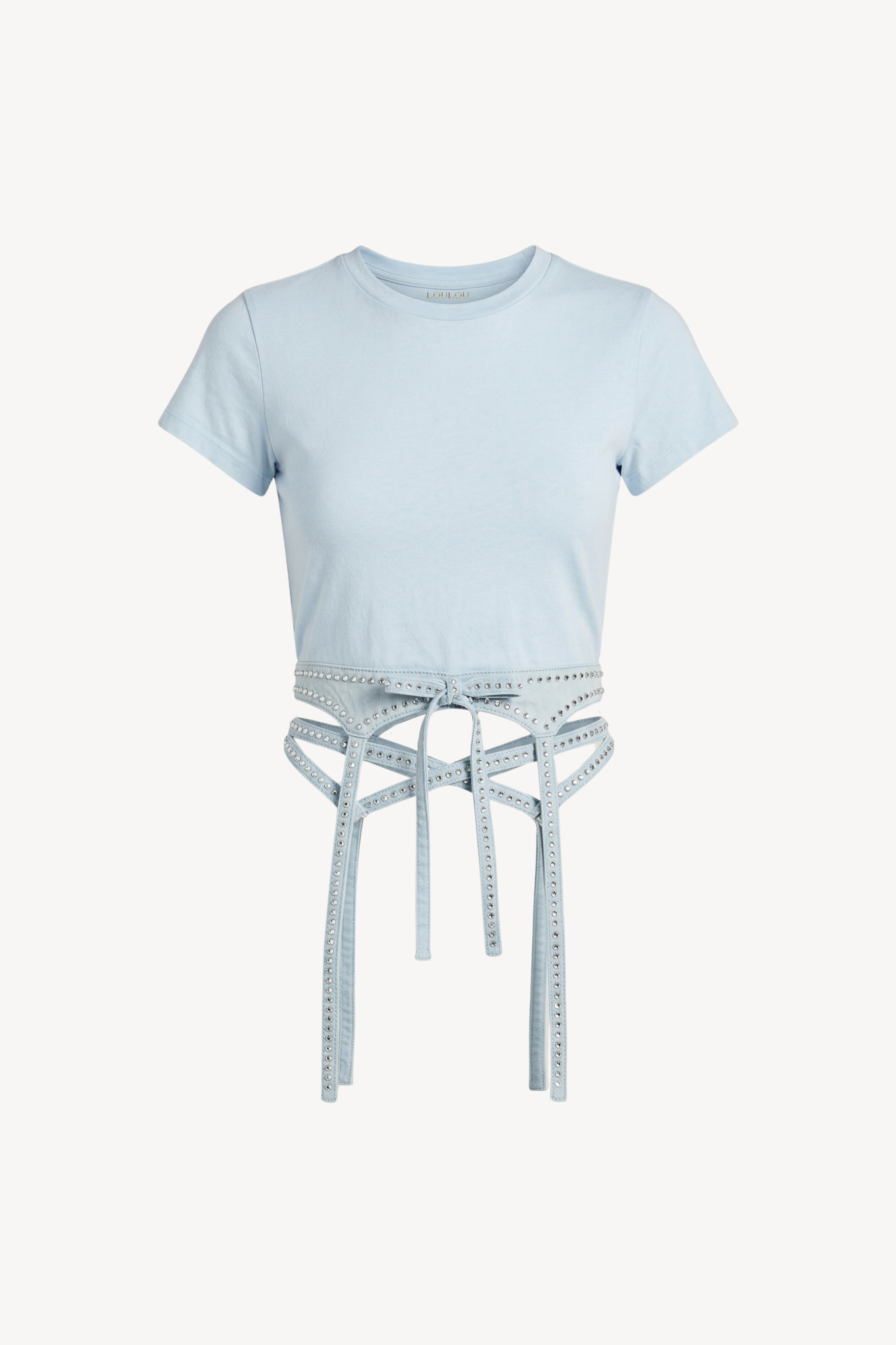 CRYSTAL WAIST HARNESS T-SHIRT IN LIGHT BLUE