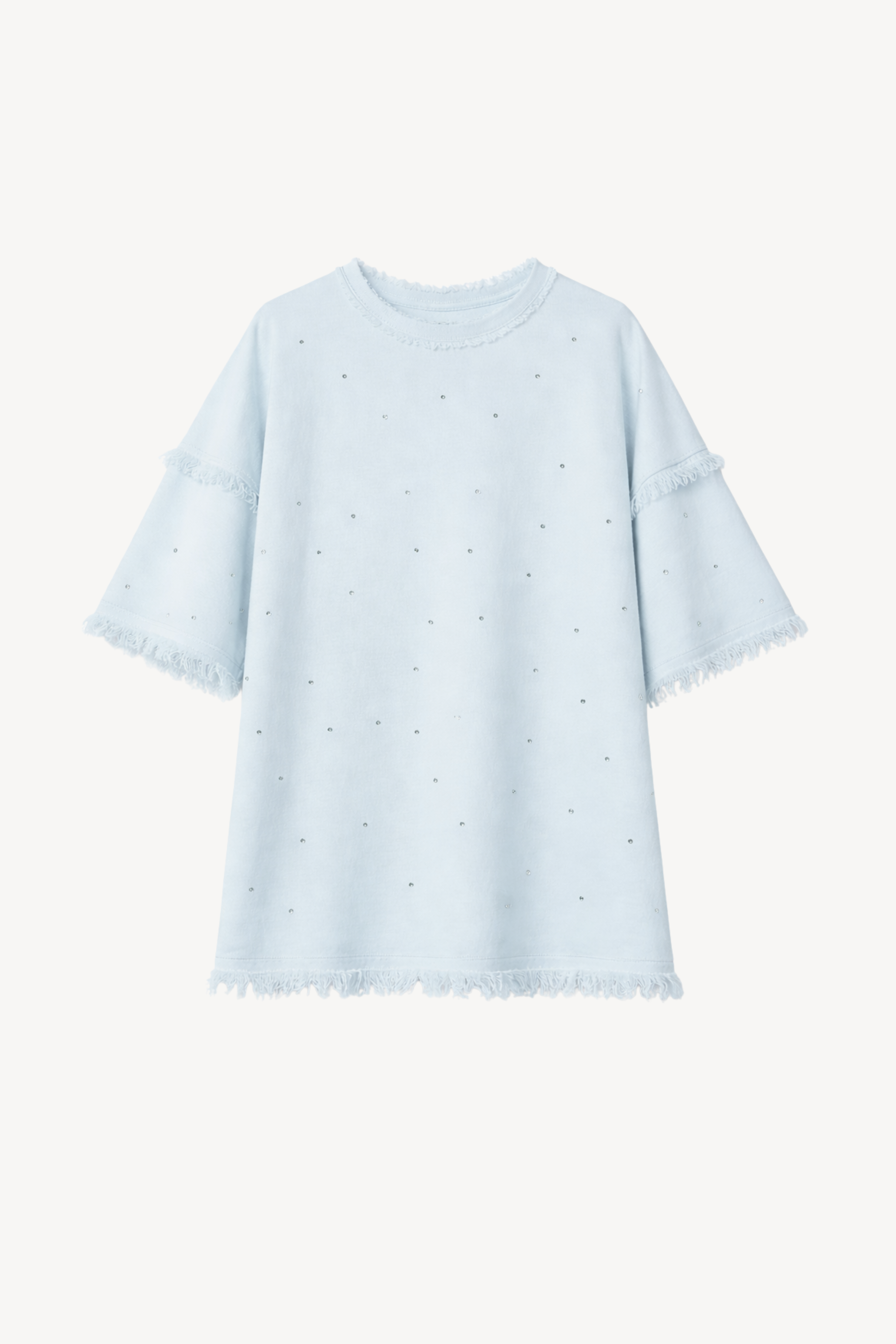 CRYSTAL FRINGED T-SHIRT IN LIGHT BLUE