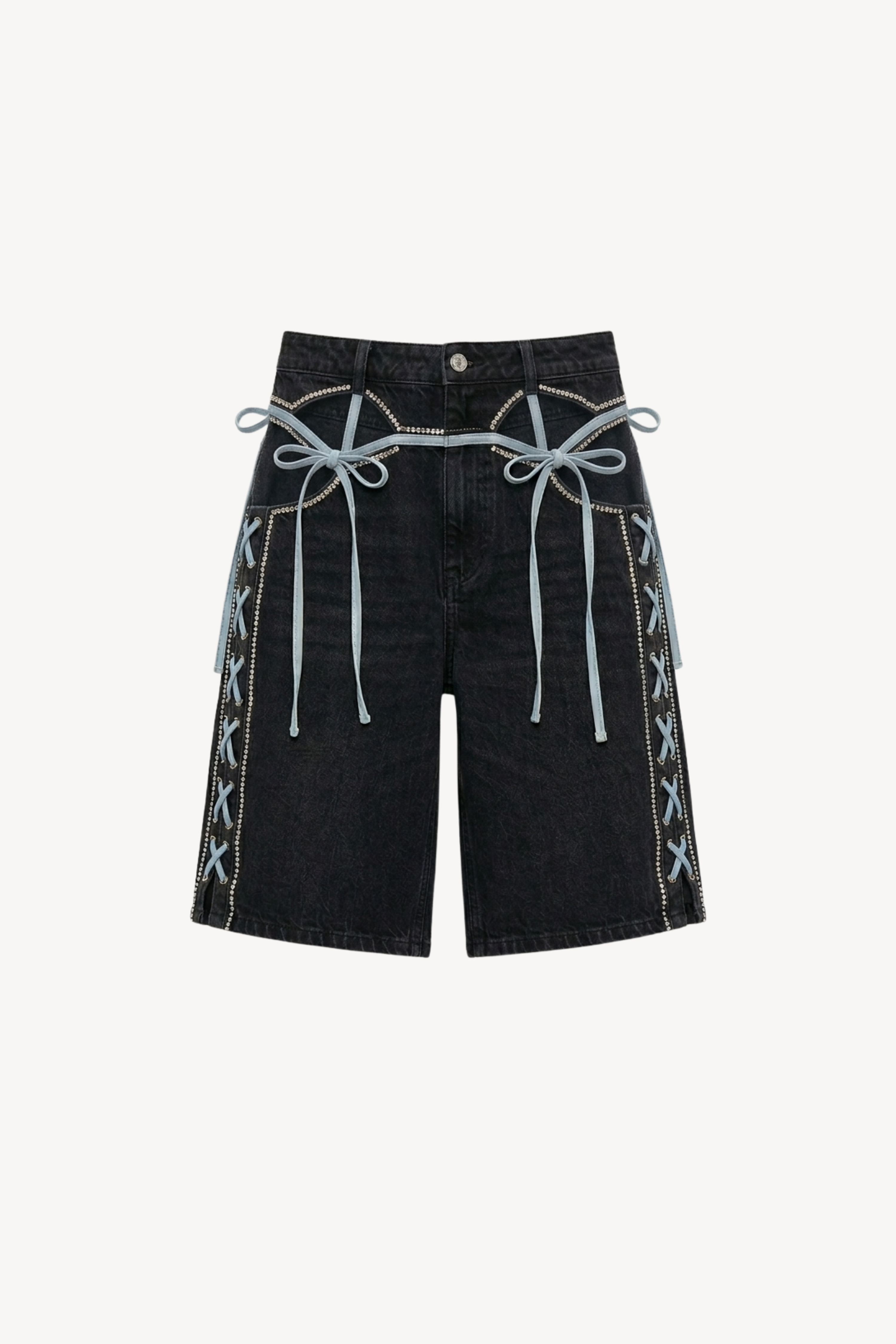 DENIM BERMUDA SHORTS WITH CUT-OUTS IN BLACK
