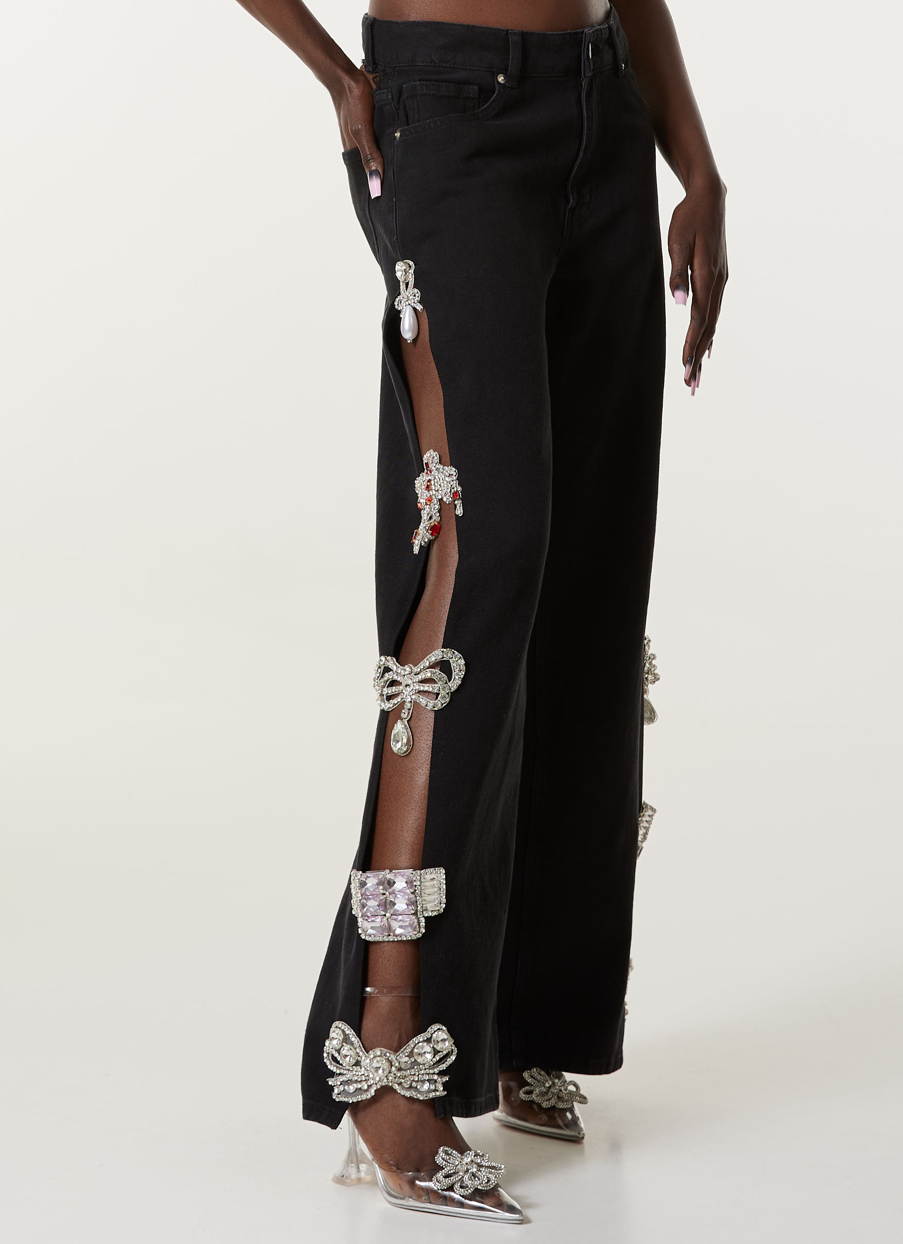 BLACK CUT-OUT CRYSTAL DENIM JEANS