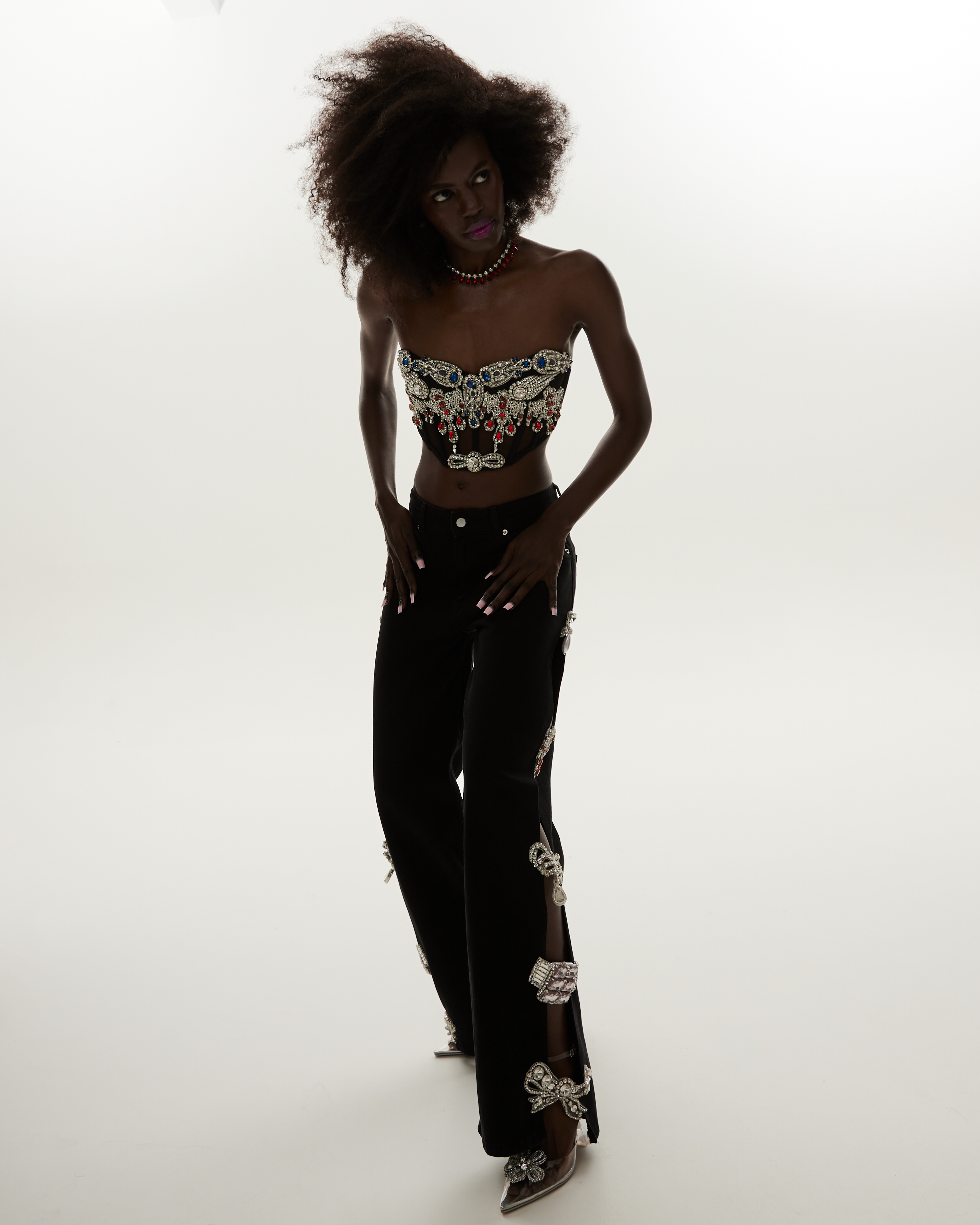 LOULOU Black Cut-Out Crystal Denim Jeans - photo 5