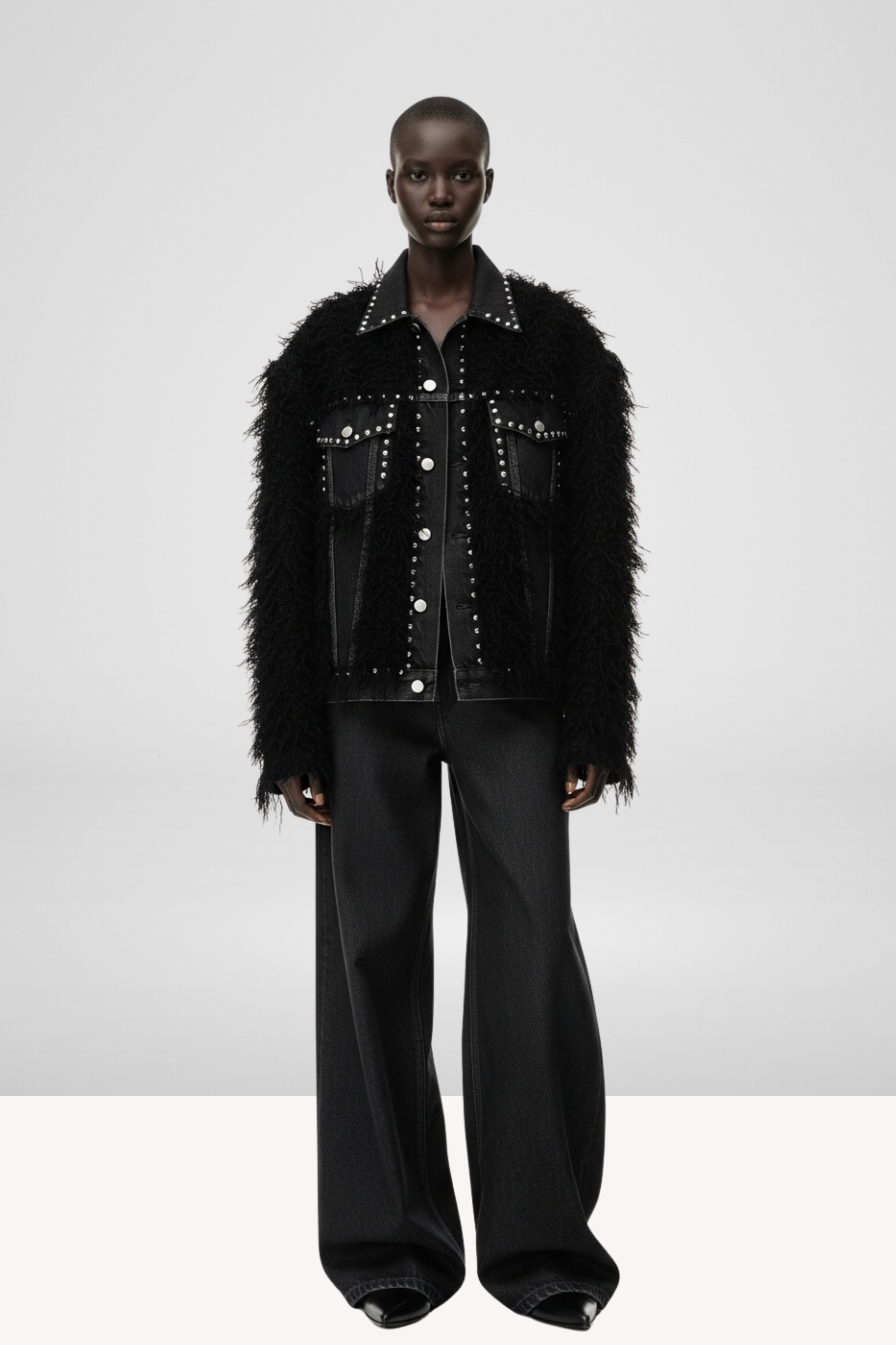 BLACK STUDDED DENIM AND FAUX-FUR JACKET