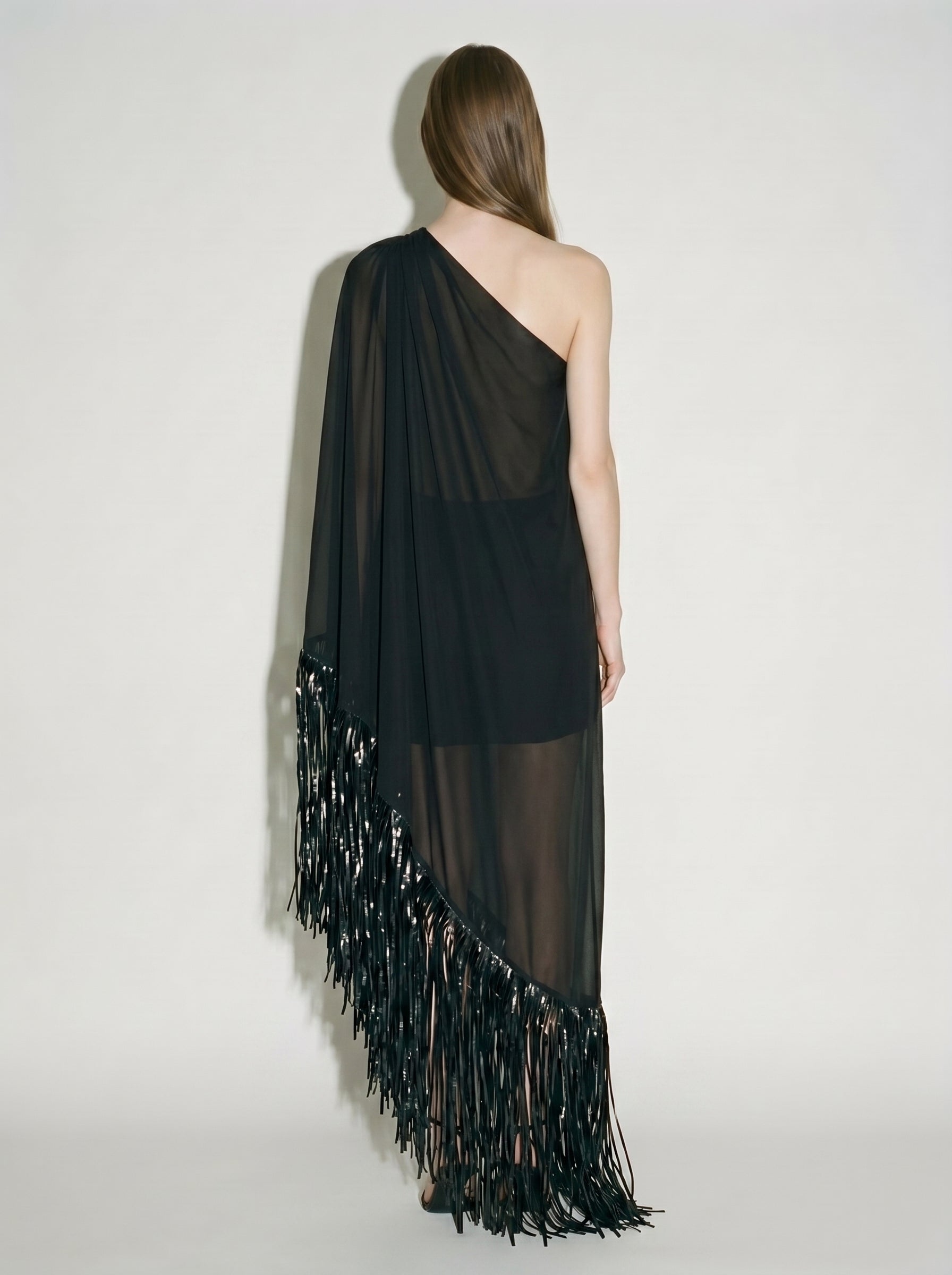 Black Fringe One-Shoulder Dress