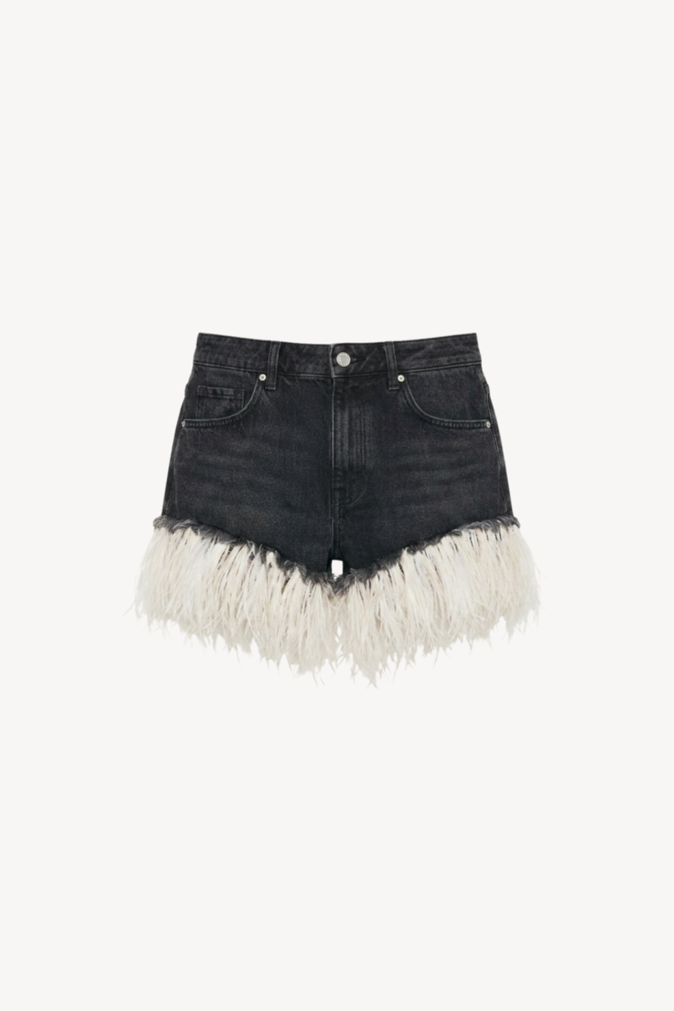 Black denim feather trim shorts product image