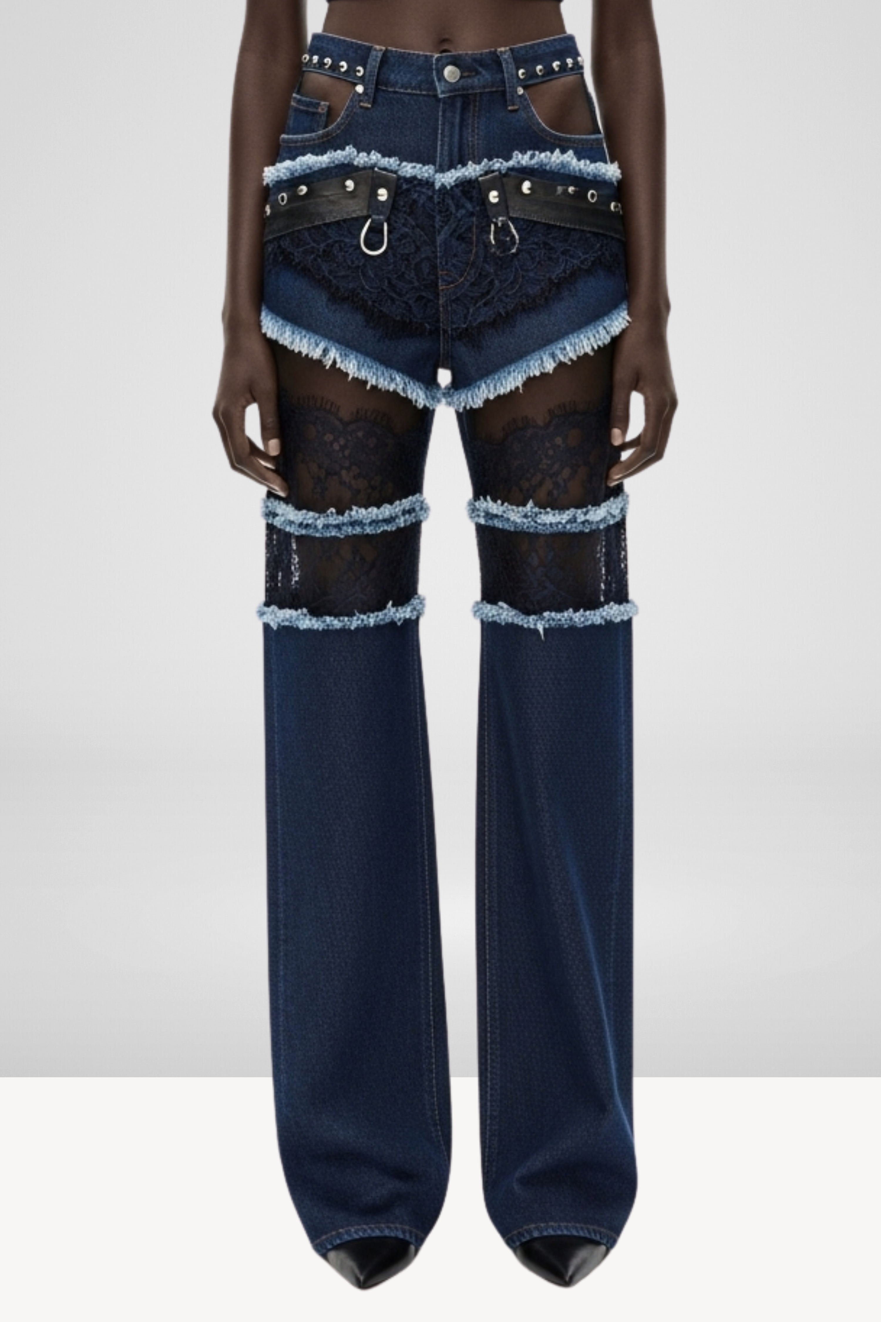 DENIM SHORTS AND LACE-PANEL JEANS