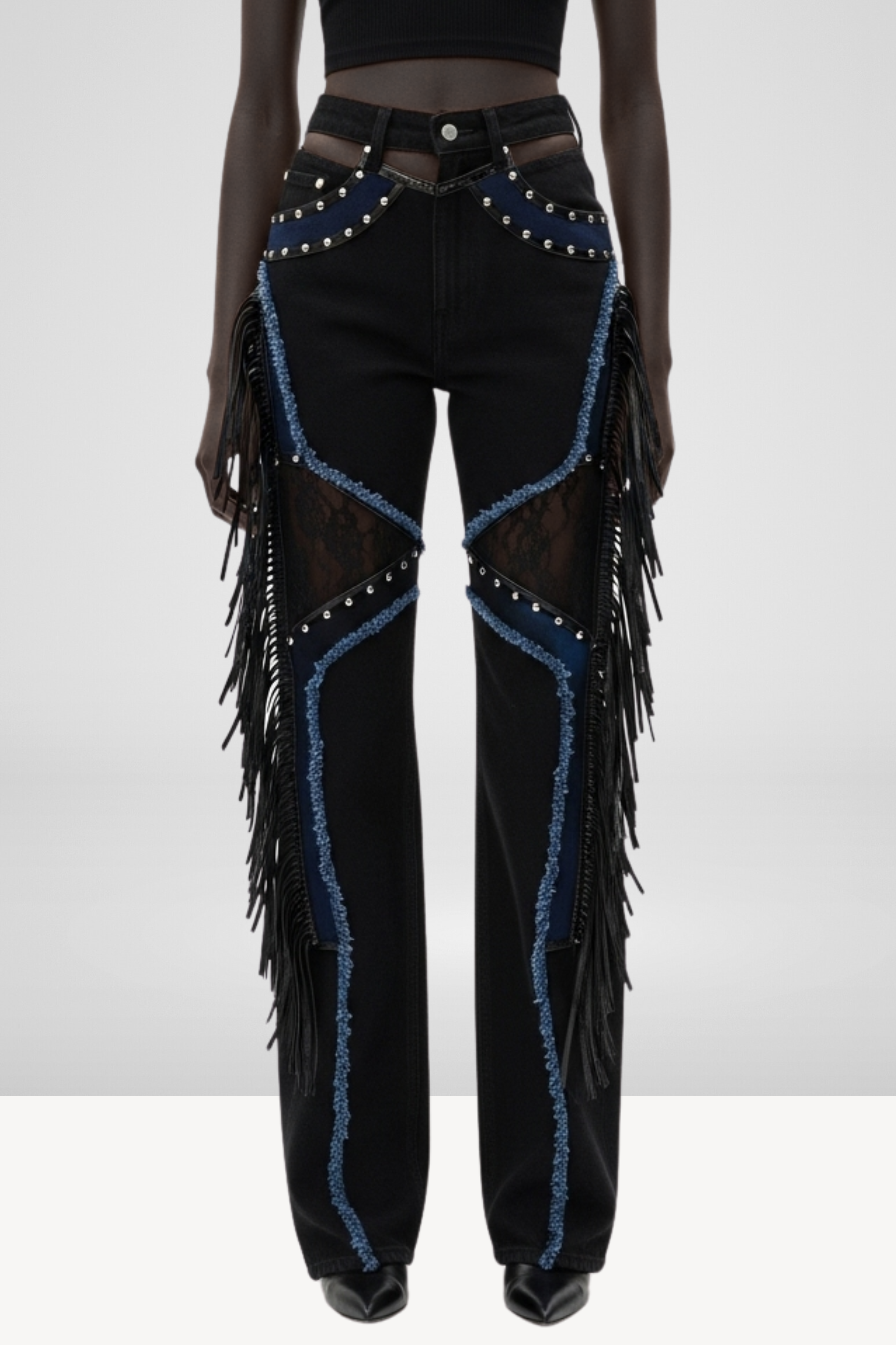 DENIM AND LACE FRINGE TROUSERS