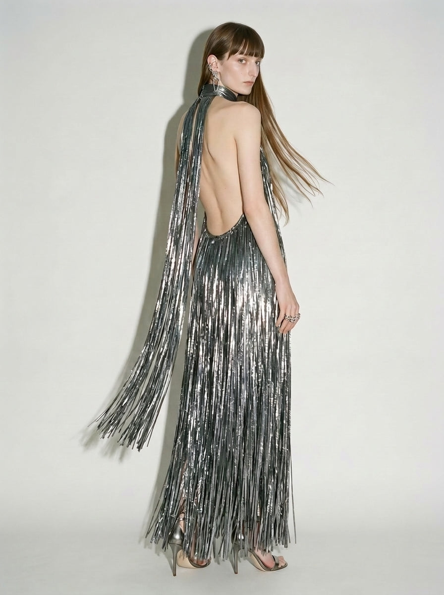 Silver Liquid Fringe Maxi Dress