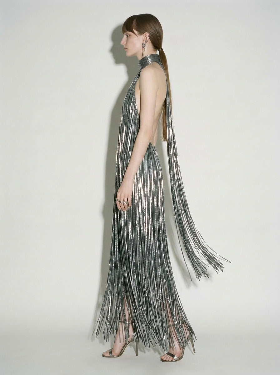 Silver Liquid Fringe Maxi Dress