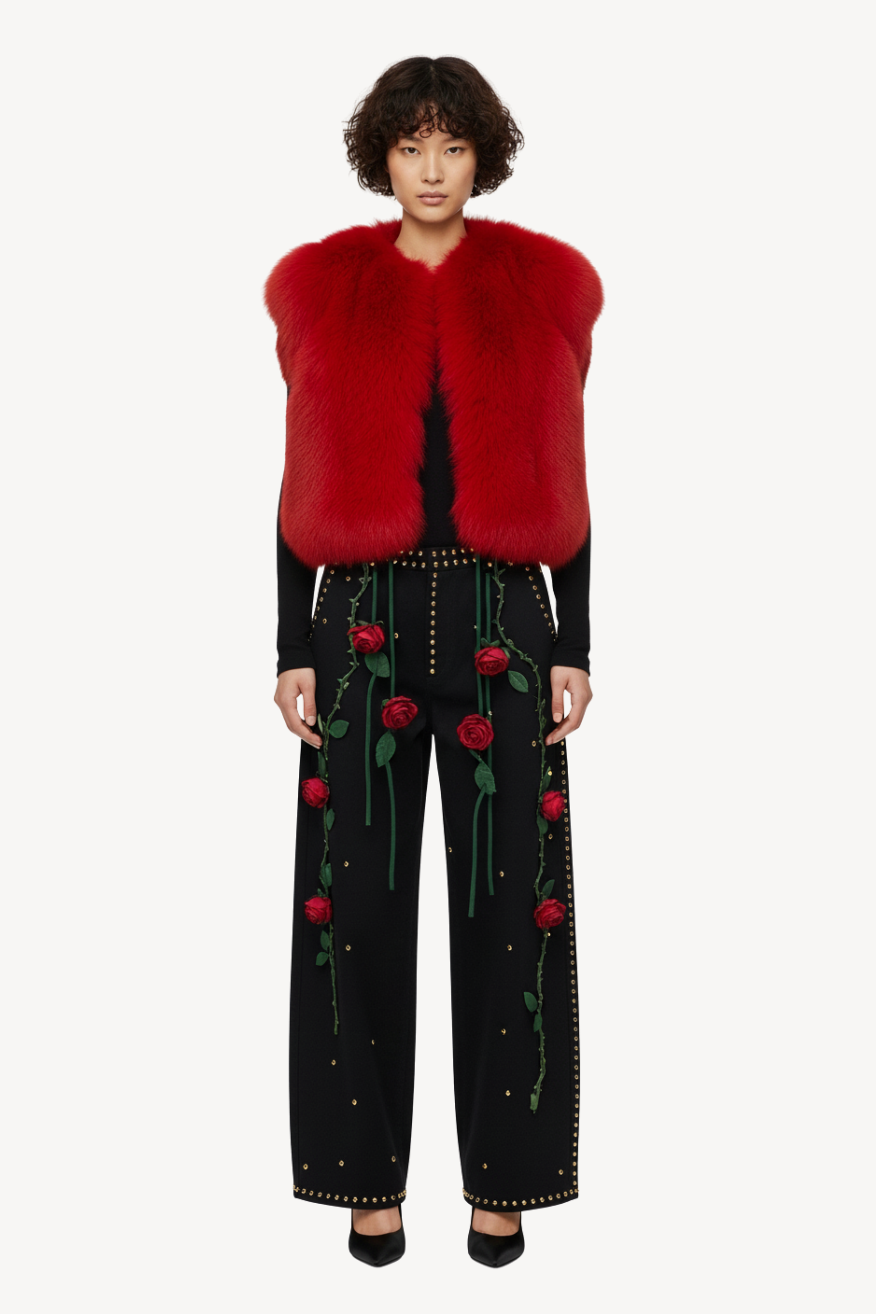 BLACK STUDDED ROSE DENIM TROUSERS