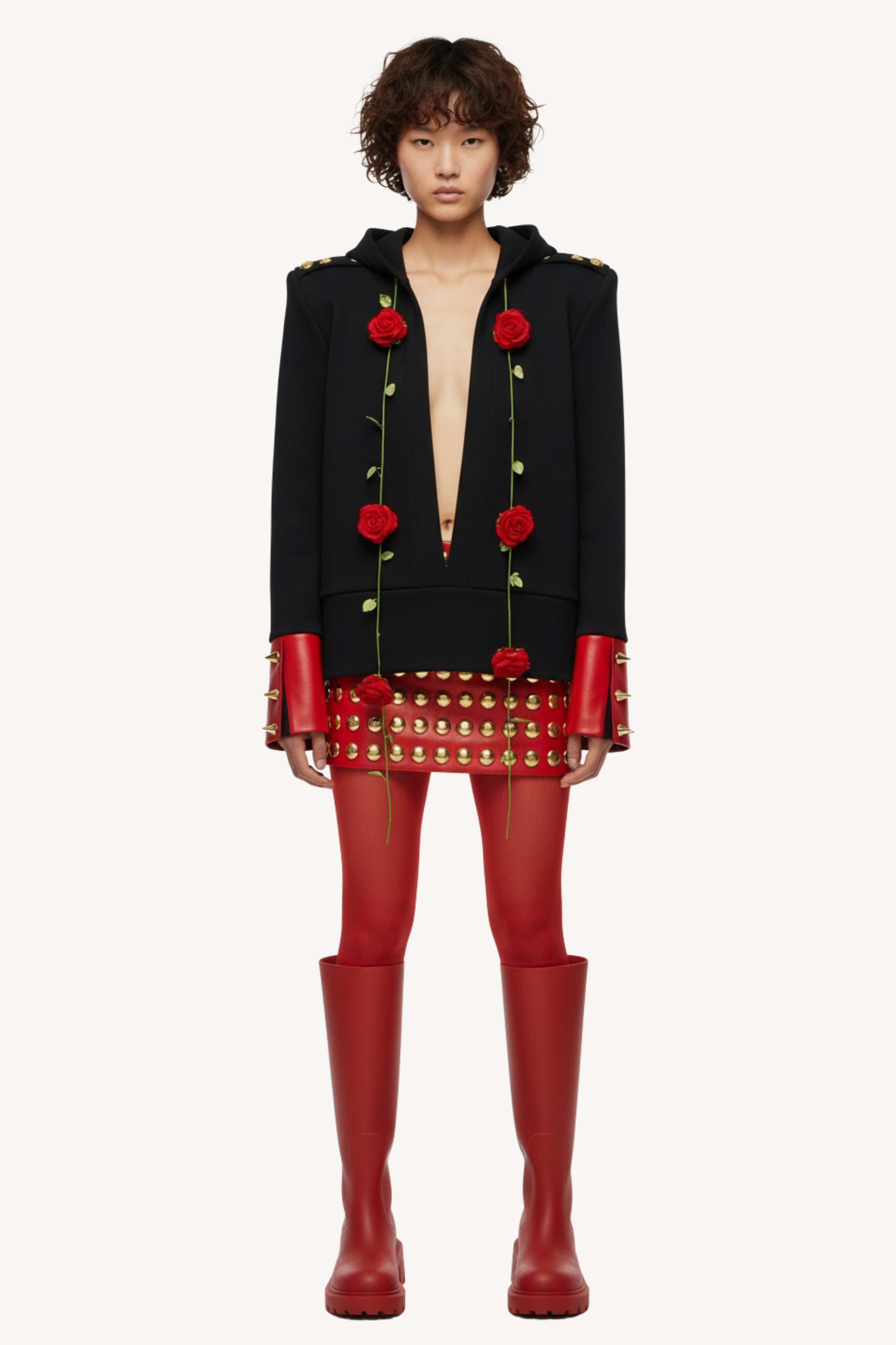 RED STUDDED LEATHER MINI SKIRT