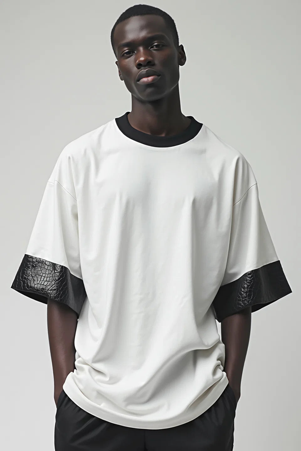 Contrast Cuff T-Shirt in Faux Leather Detailing