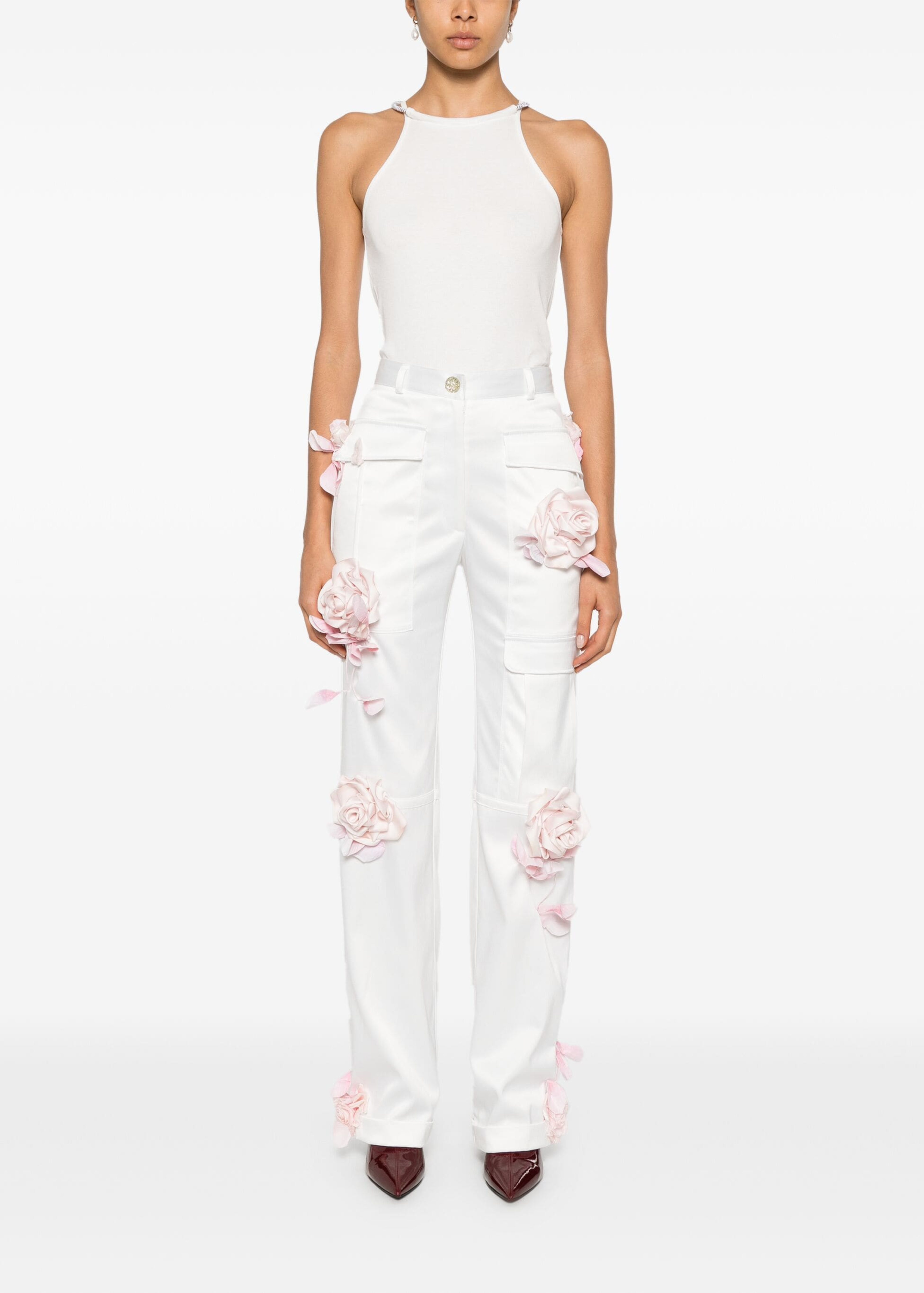 floral appliqué silk pants