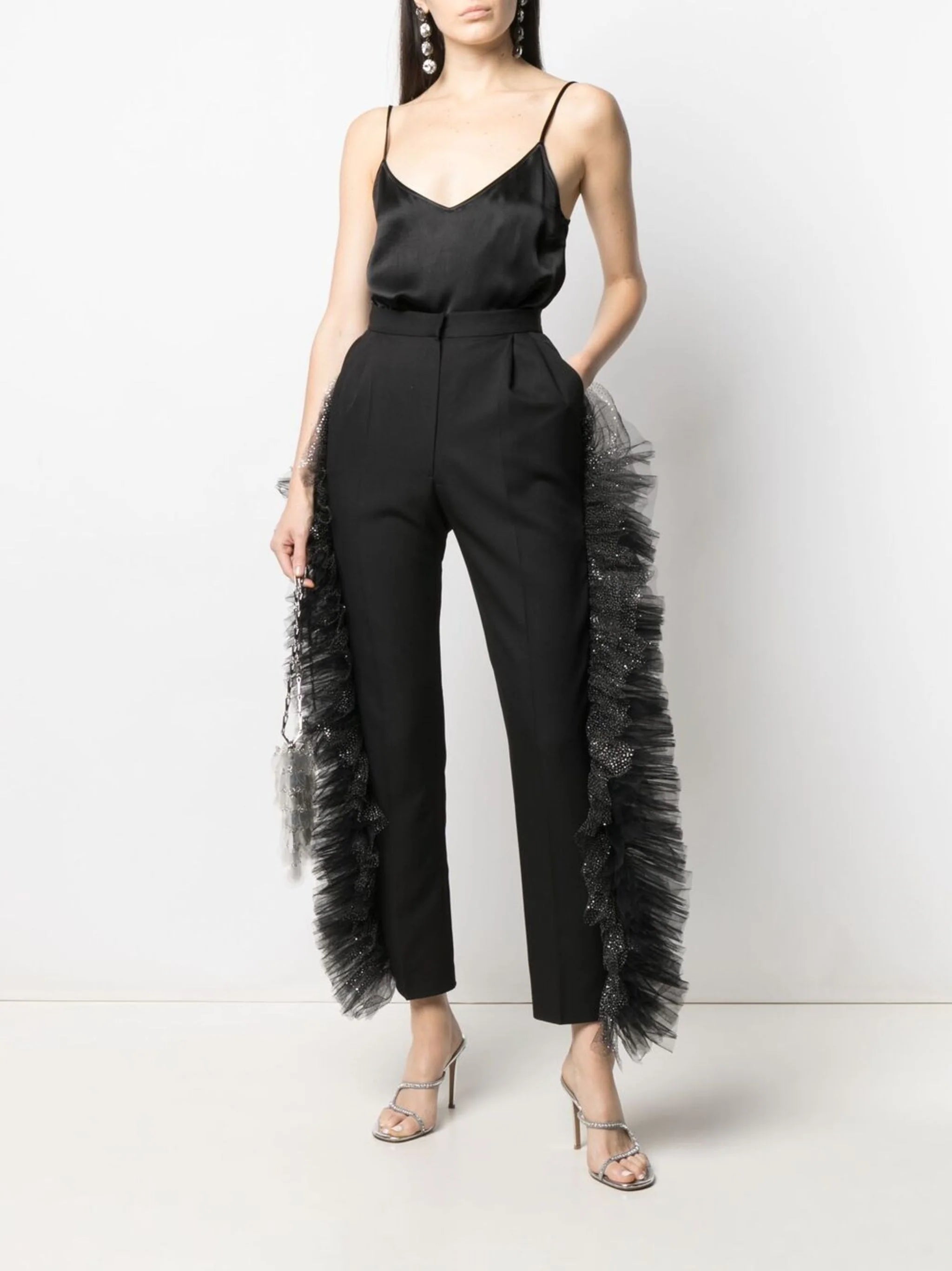 Tulle-trim straight-leg trousers