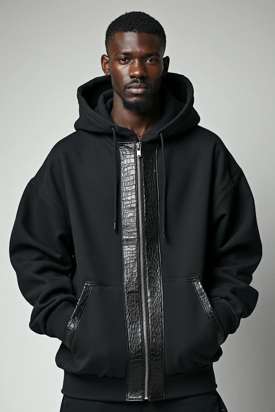 Black Zip-Up Hoodie with Faux Leather Trim