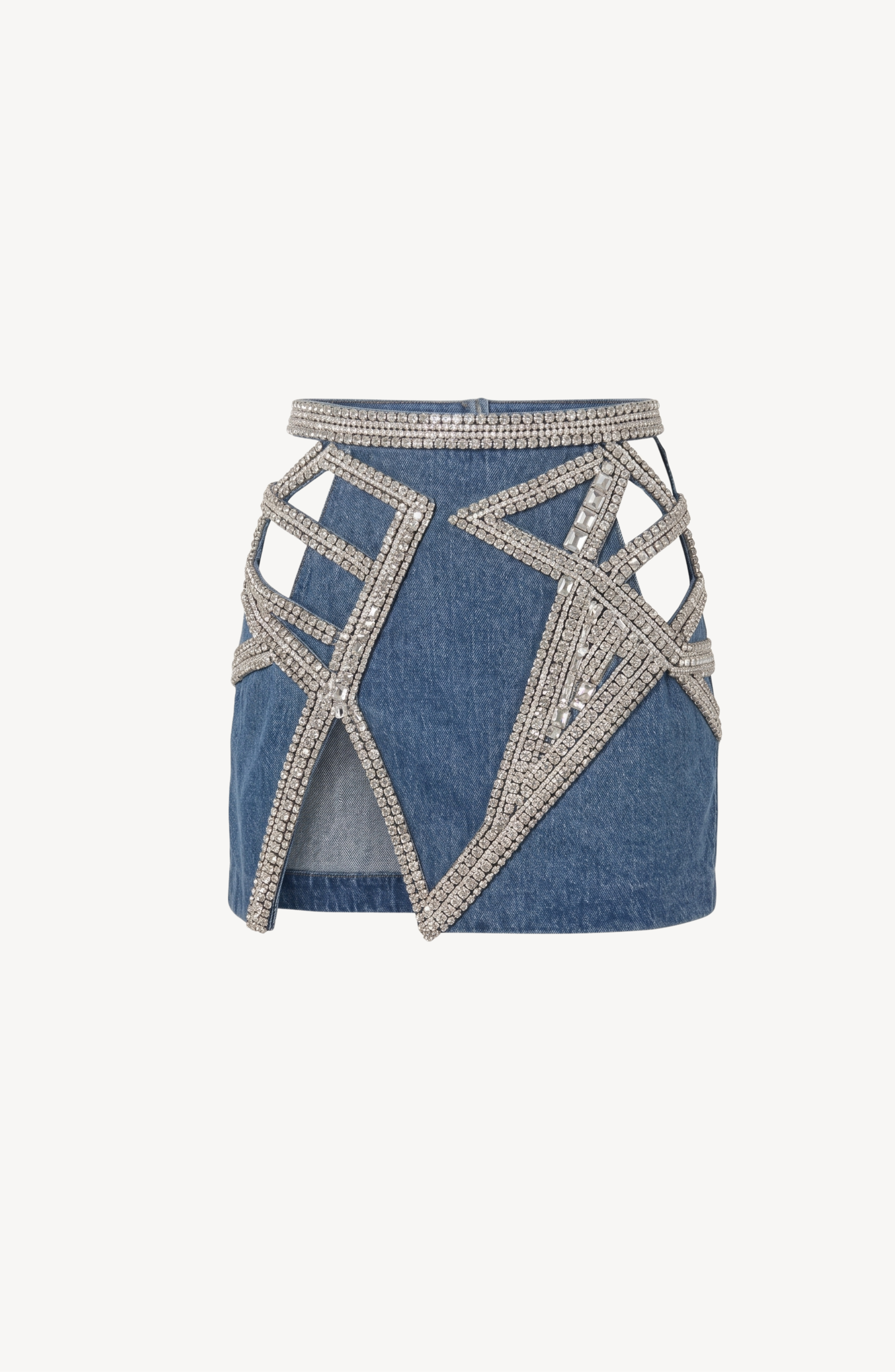 EMBELLISHED DENIM MINI SKIRT in Light Blue — flat lay