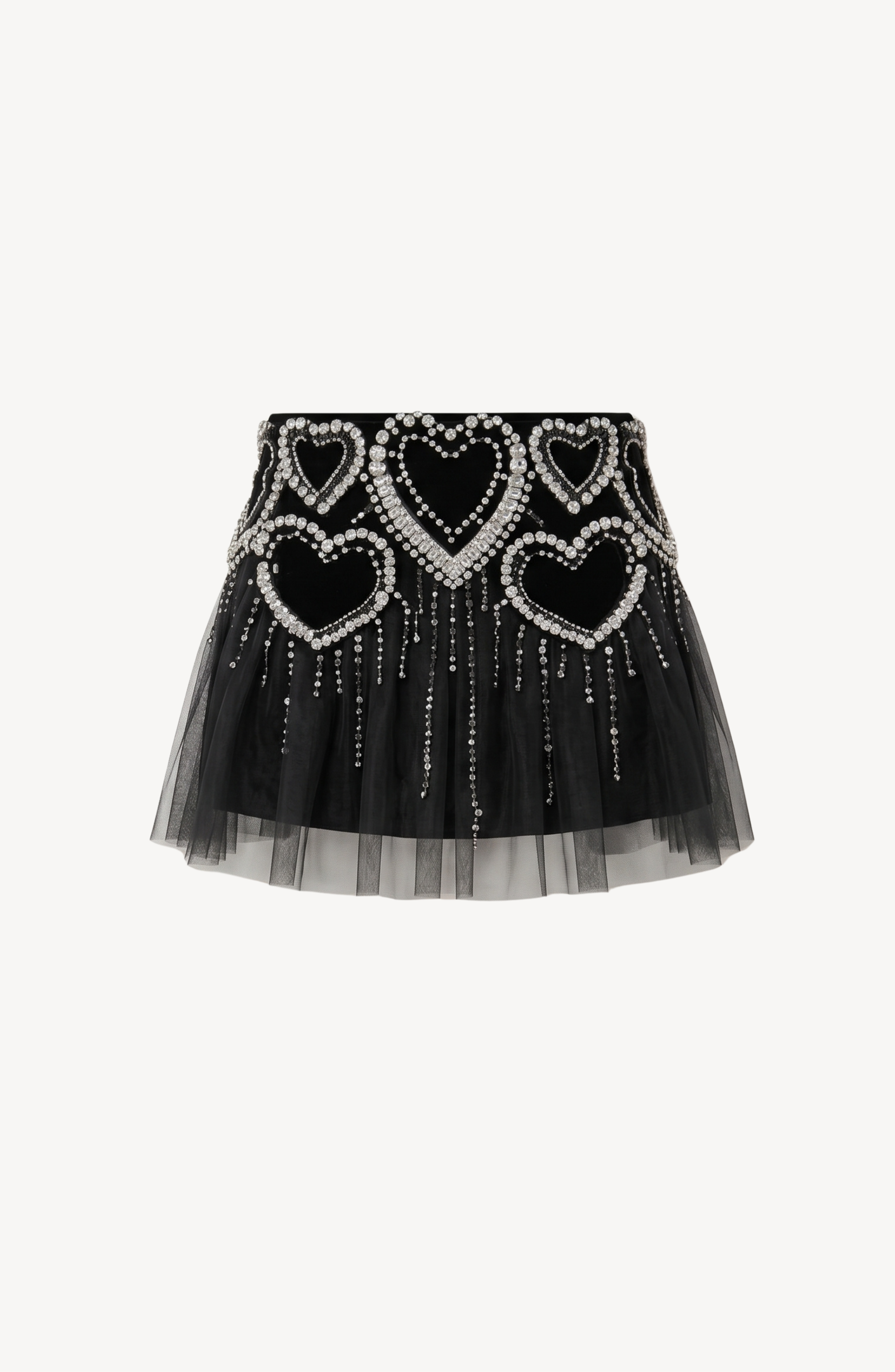 TULLE CRYSTAL HEART MINI SKIRT in Black — flat lay