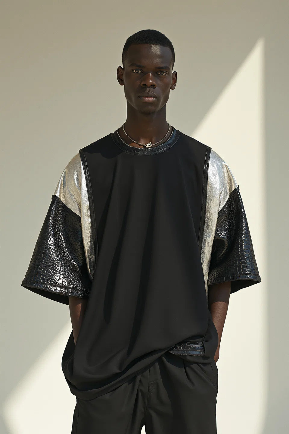 Metallic Contrast T-Shirt in Faux Leather Detailing