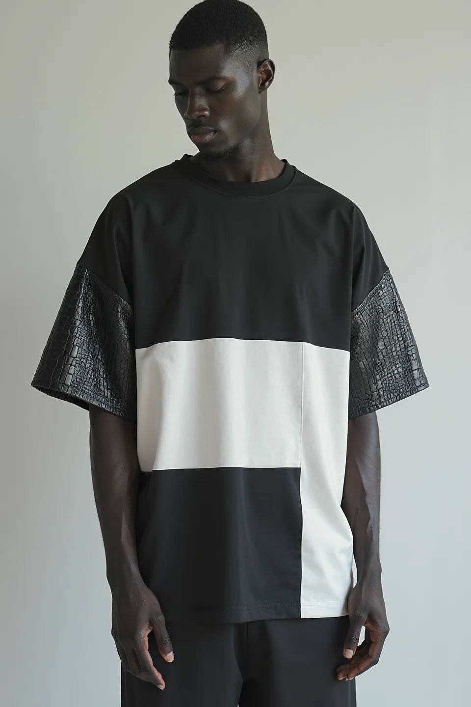 Block Panel T-Shirt in Faux Leather Detailing