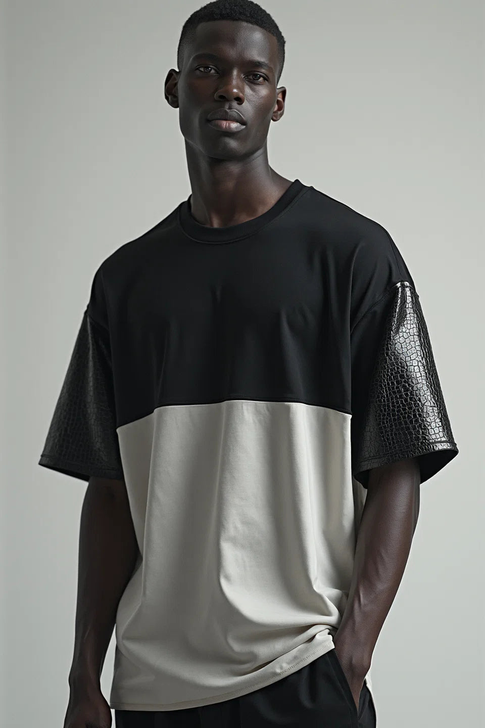 Two-Tone Panel T-Shirt in Faux Leather Detailing