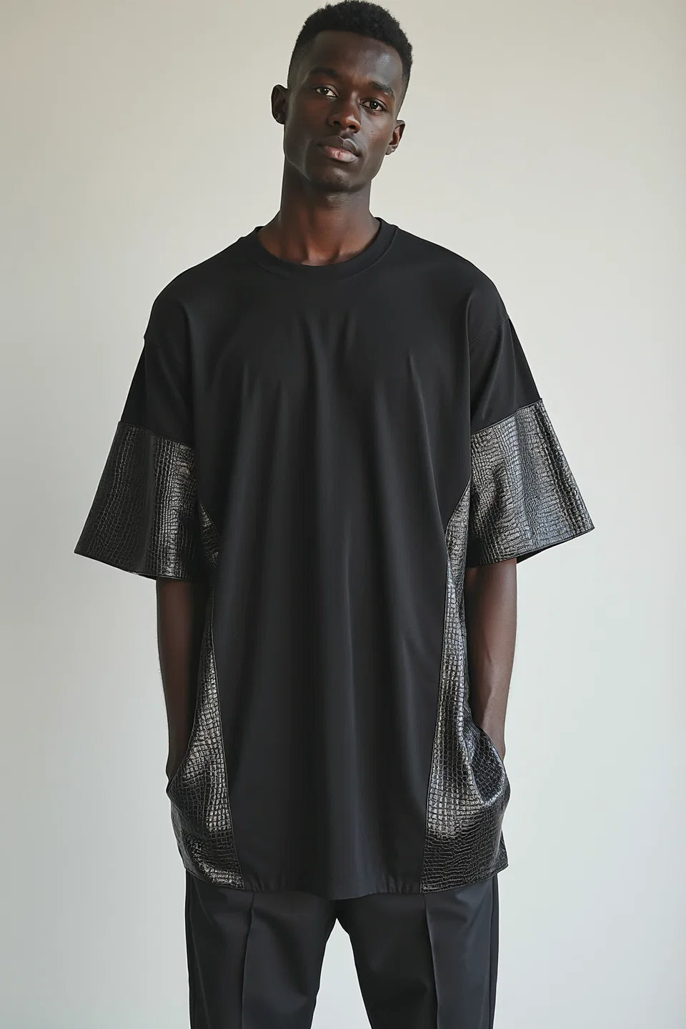 Side Panel T-Shirt in Faux Leather Detailing