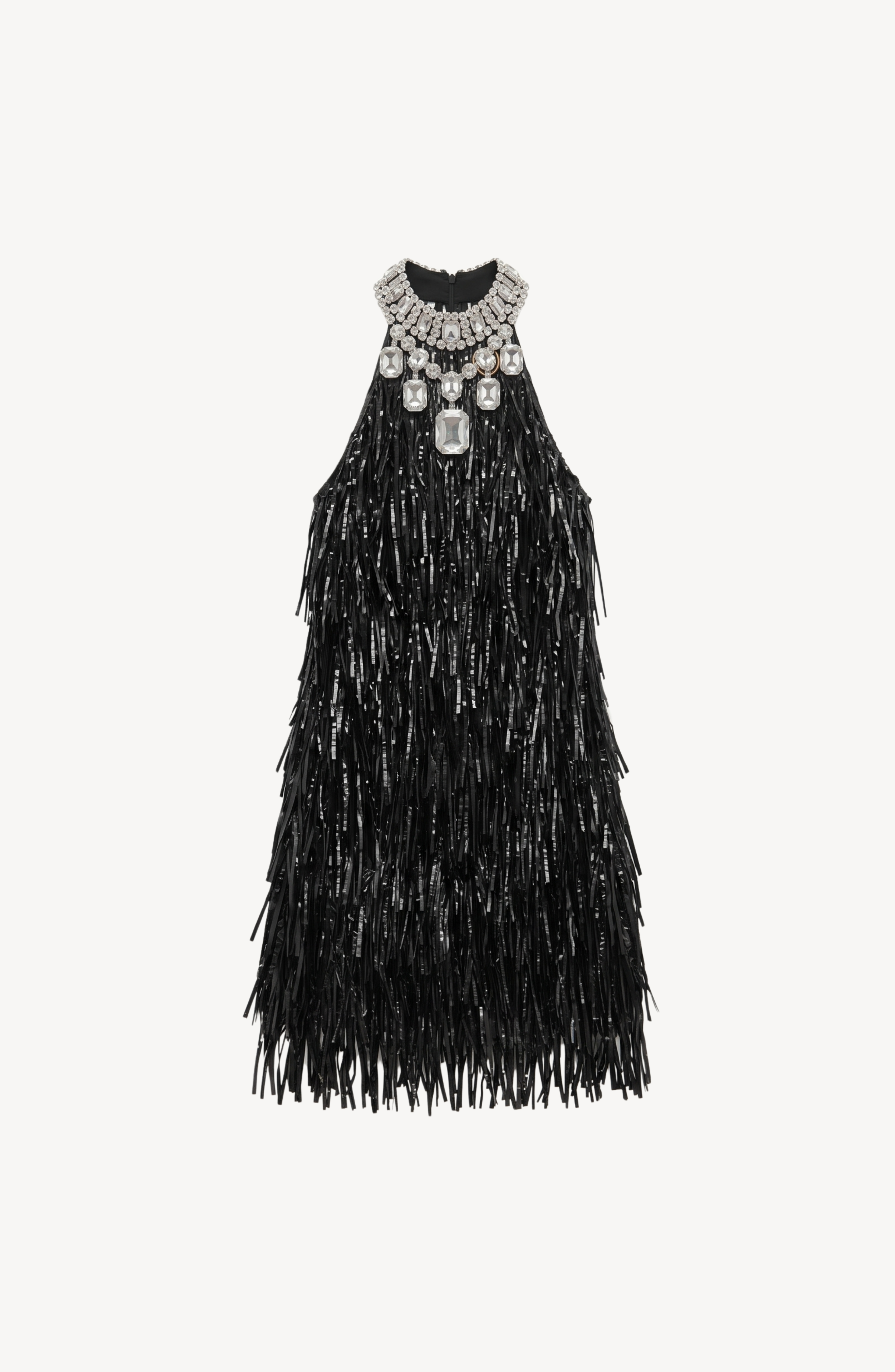 BLACK FEATHER FRINGE MINI DRESS in Black — flat lay